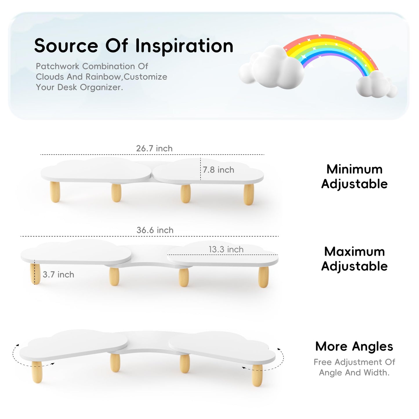 Afooyo Dual Monitor Stand Riser,Rainbow Cloud Desktop Computer Stand for 2 Monitors,Adjustable Length and Angle Multifunctional Desktop Organizer Stand for Laptop, PC, Computer, Printer,White