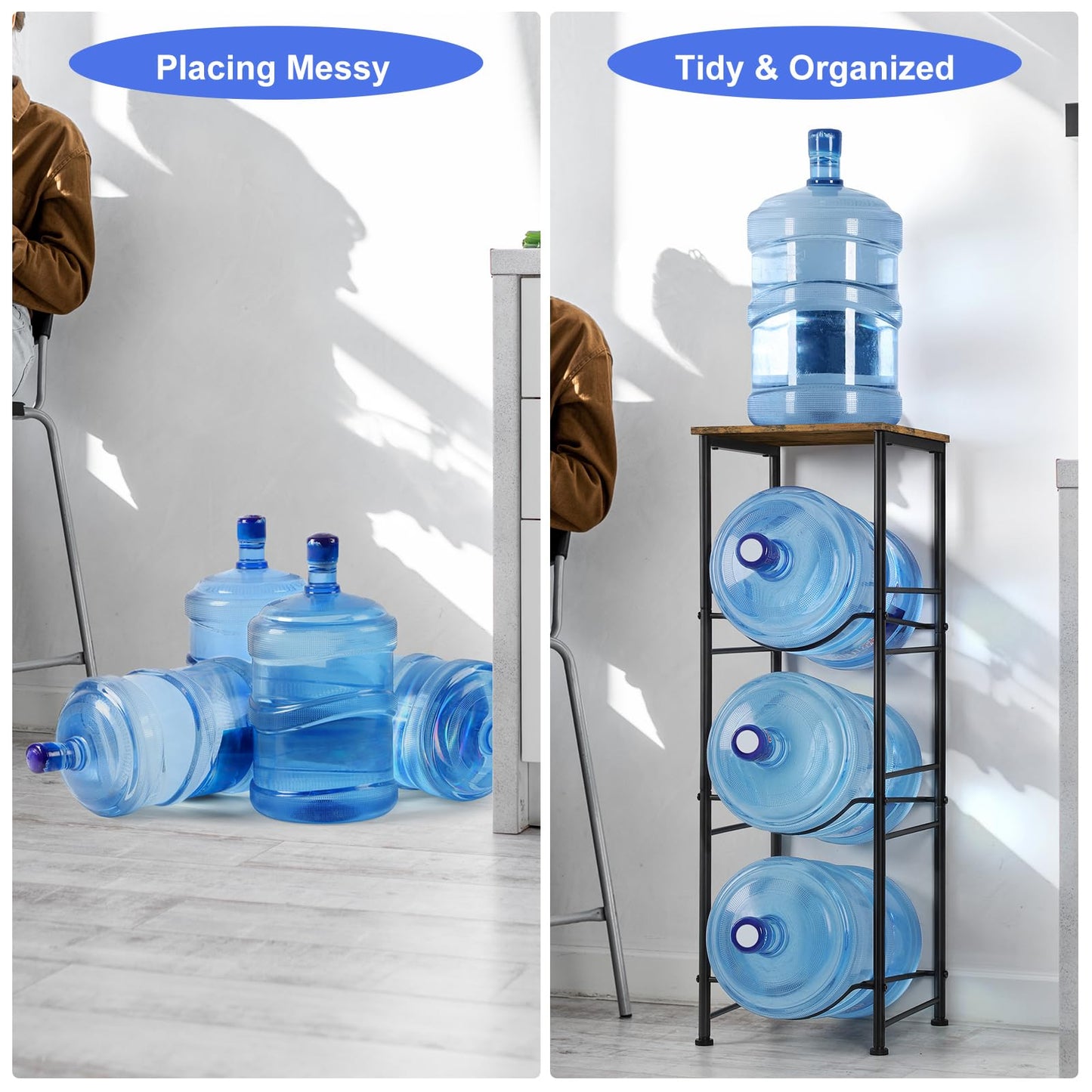5 Gallon Water Bottle Jug Holder 3-Tier Water Bottle Holder Organizer with Top Shelf, Heavy Duty Water Dispenser Stand Rack for Kitchen Living Room Office, Rustic Brown