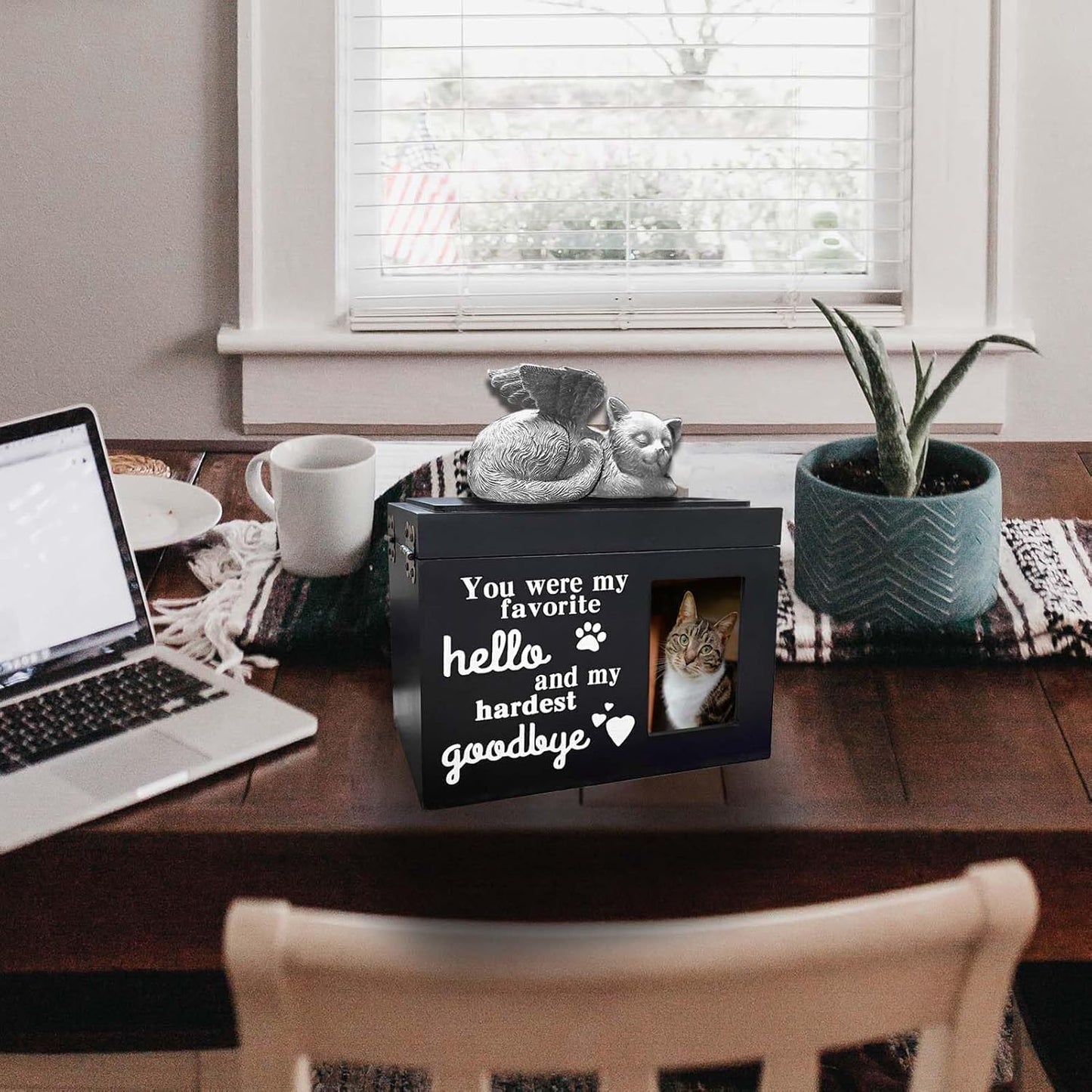 Keepsake Box - Wooden Cat Urn Ashes Memorial Box, Paw Print Urn with Photo Frame and Key, Companion Animal Pet Urns Black Memory Box for Cats Dogs Cremation