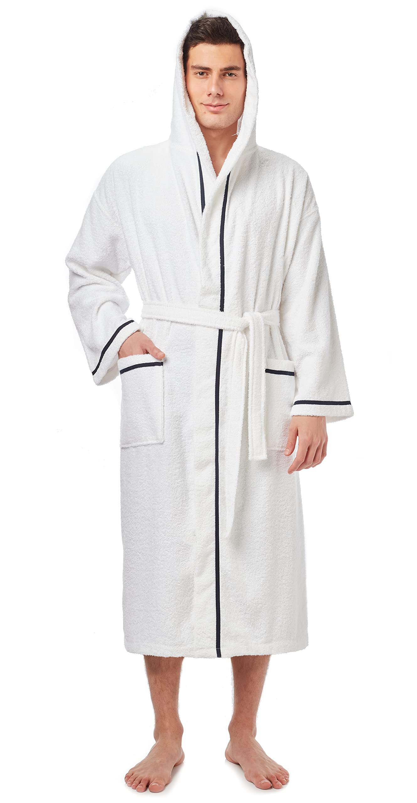Arus Men's Hooded Classic Bathrobe Turkish Cotton Robe with Full Length Options, White With Navy Blue Border, Large-X-Large