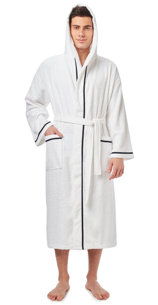 Arus Men's Hooded Classic Bathrobe Turkish Cotton Robe with Full Length Options, White With Navy Blue Border, Large-X-Large
