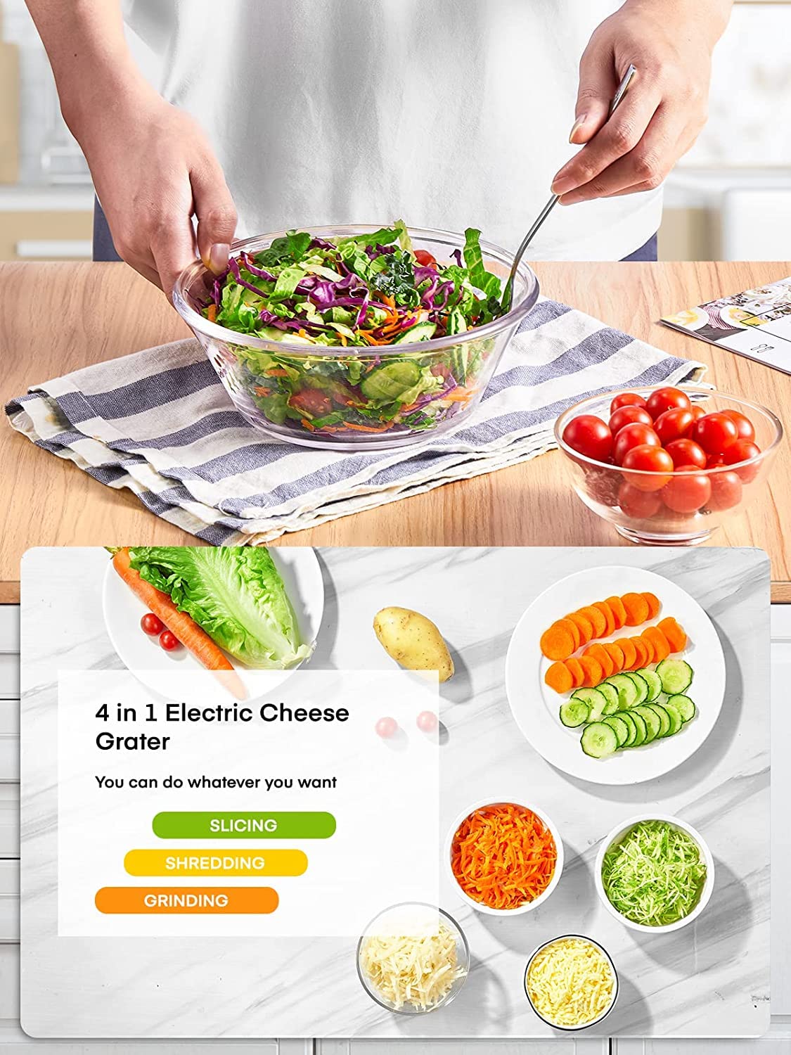FOHERE Electric Cheese Grater, Electric Grater Shredder with 4 Interchangeable Cones, One Touch Easy Control, Multi Salad Maker for Vegetables, Cheeses and Nuts, 150W