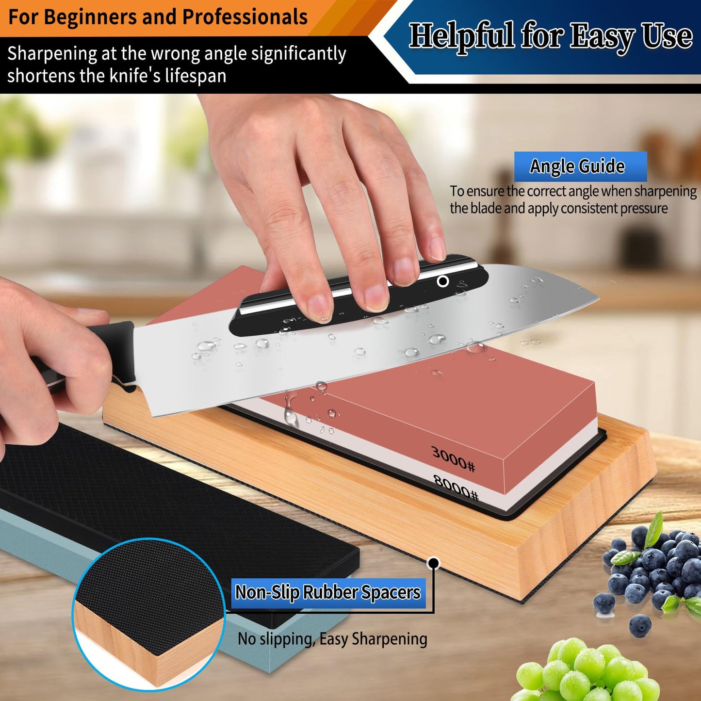 Knife Sharpening Stone Kit 400/1000 3000/8000 Grit Professional Whetstone Set Coarse to ExtraFine 2-Side Sharpener Include Flattening Stone,Angle Guide,Safe Nonslip Bamboo Base and Slip Silicone Base
