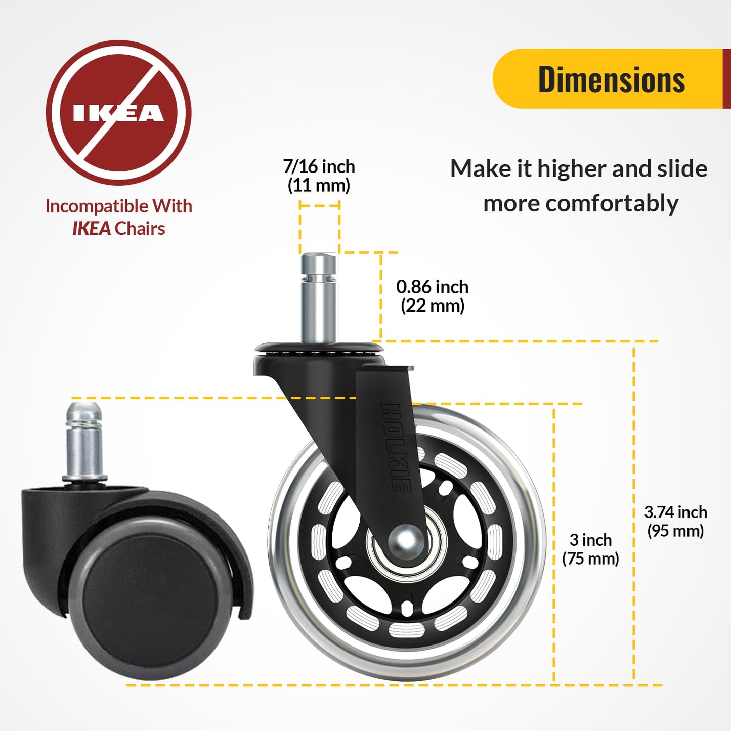 HOLKIE Office Chair Wheels 10pack 11x22mm 3 Inch Desk Roller Blade Caster Replacement for Office, Rubber Wheels-Set of 10 for Hardwood Floors Gaming Chair Casters Smooth & Silence Gliding