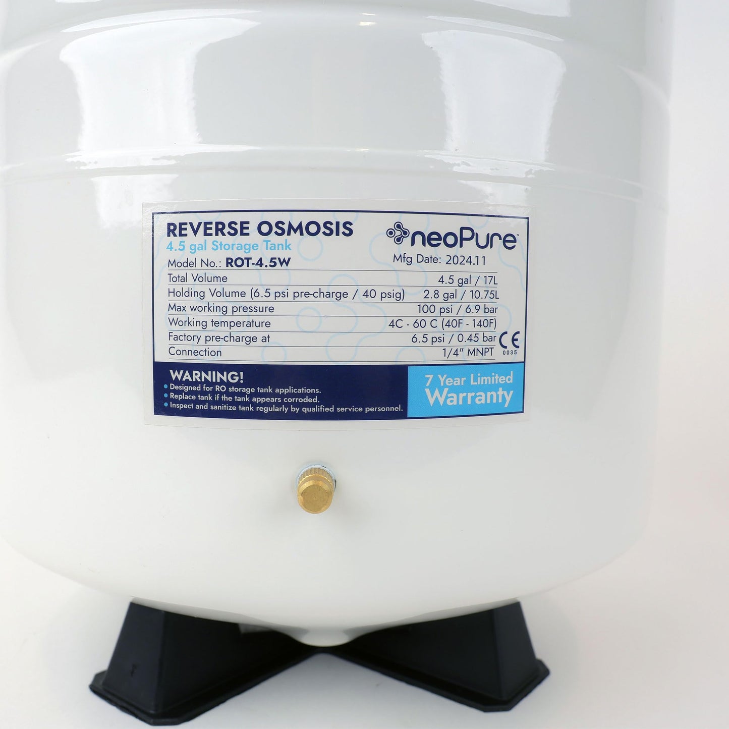 Neo-Pure RO-132 Reverse Osmosis Storage Tank Powder Coated Steel w/Tank Valve Female Elbow 1/4" FPT x 3/8" Quick-Connect (Stainless Steel, 4.5 Gallon)