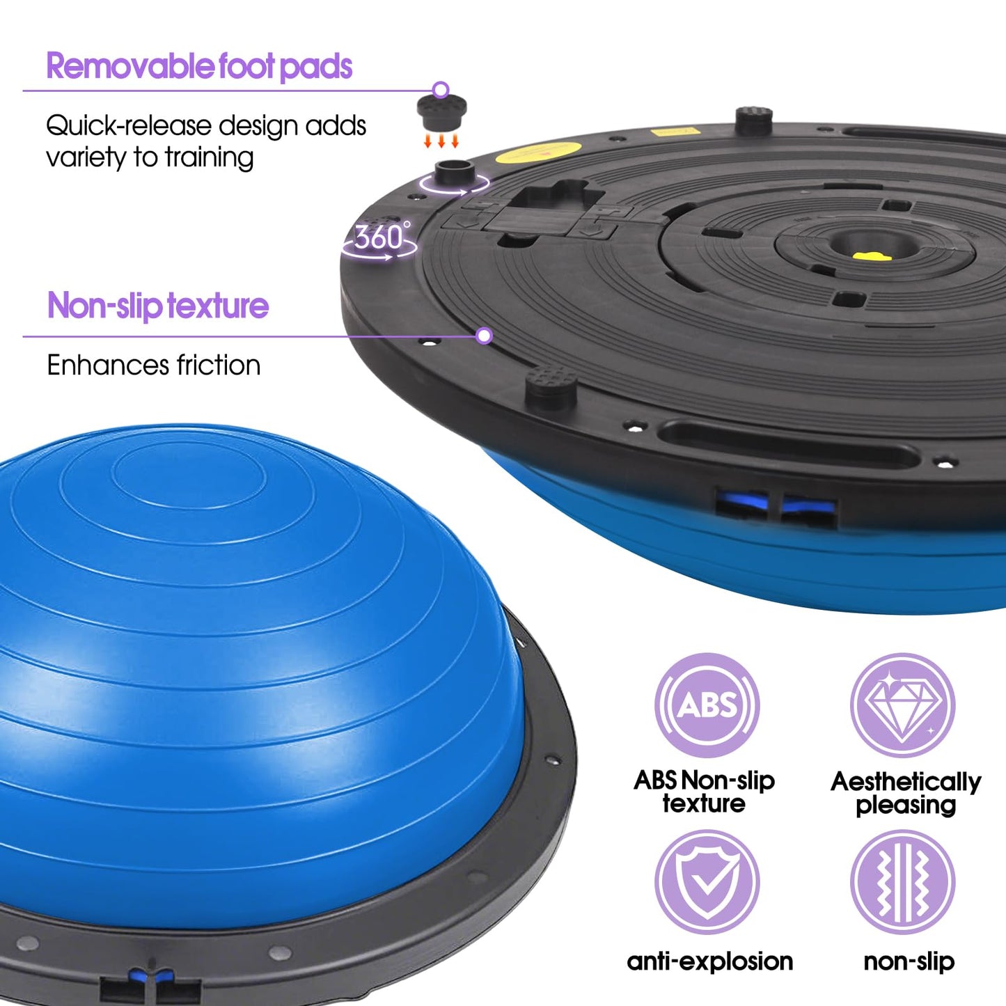 Balance Ball Trainer, 26 inch Half Exercise Ball with Resistance Bands, Home Gym Full Body Workout Equipment, Blue