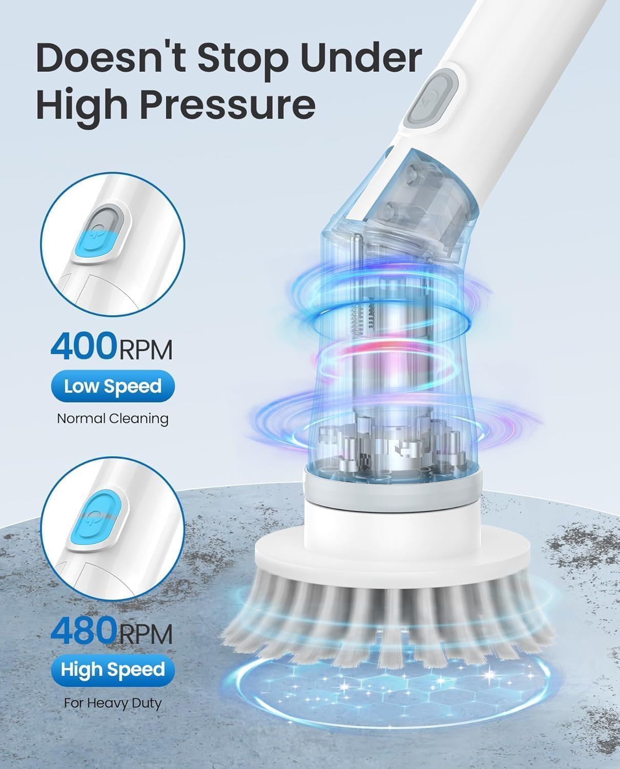 Lichffy Electric Spin Scrubber, Cordless Power Scrubber with 47" Extendable Handle & IPX7 Waterproof, 2-Speed 480RPM Cleaning Brush for Shower Floor, 6 Replaceable Brush Heads, Beginner, White-oa2.