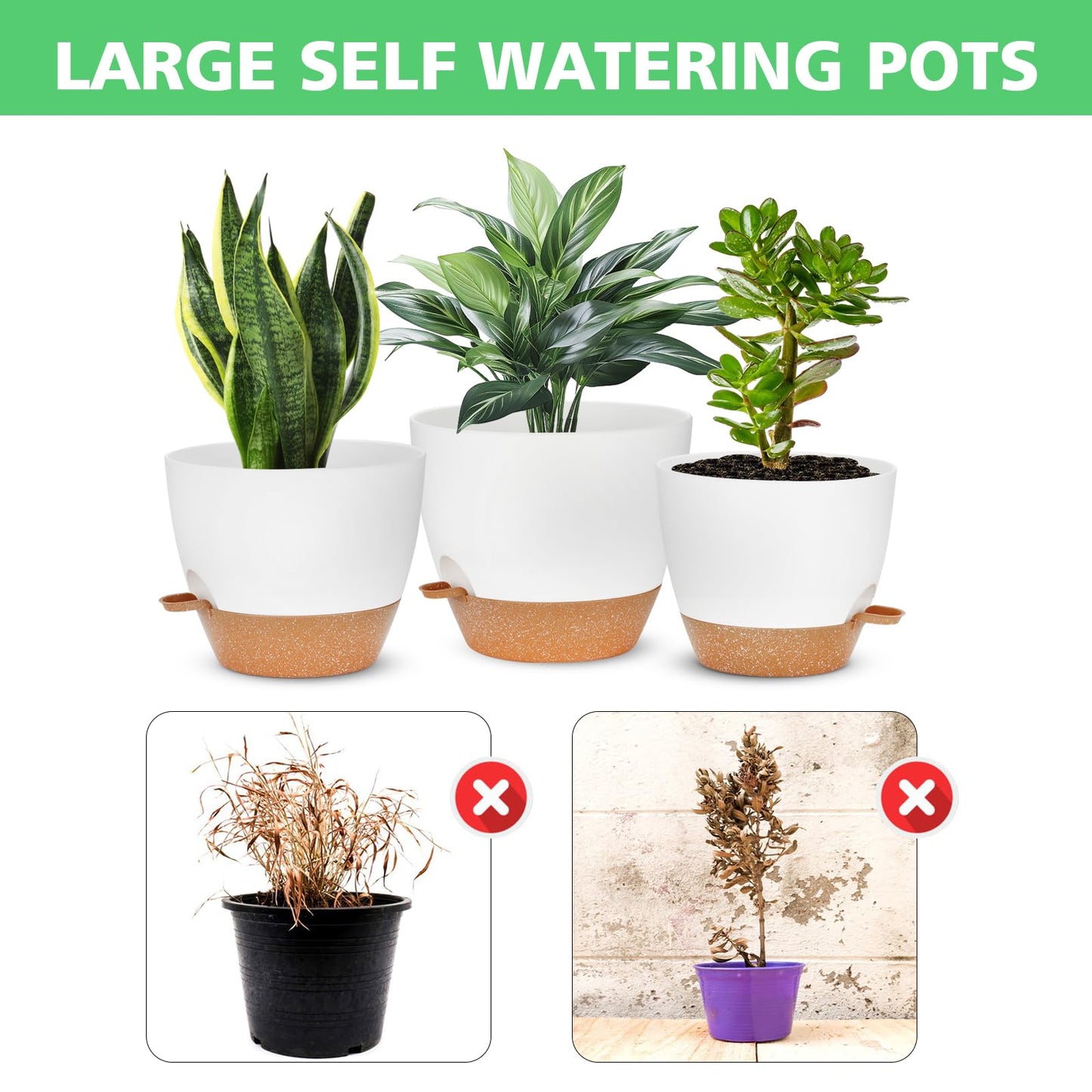 12+10+9Inch Self Watering Plant Pots Set, Large Plastic Planters with Drainage Holes and Saucers, Big Flower Pots Set for Indoor Outdoor Plants - White, 3 Pack
