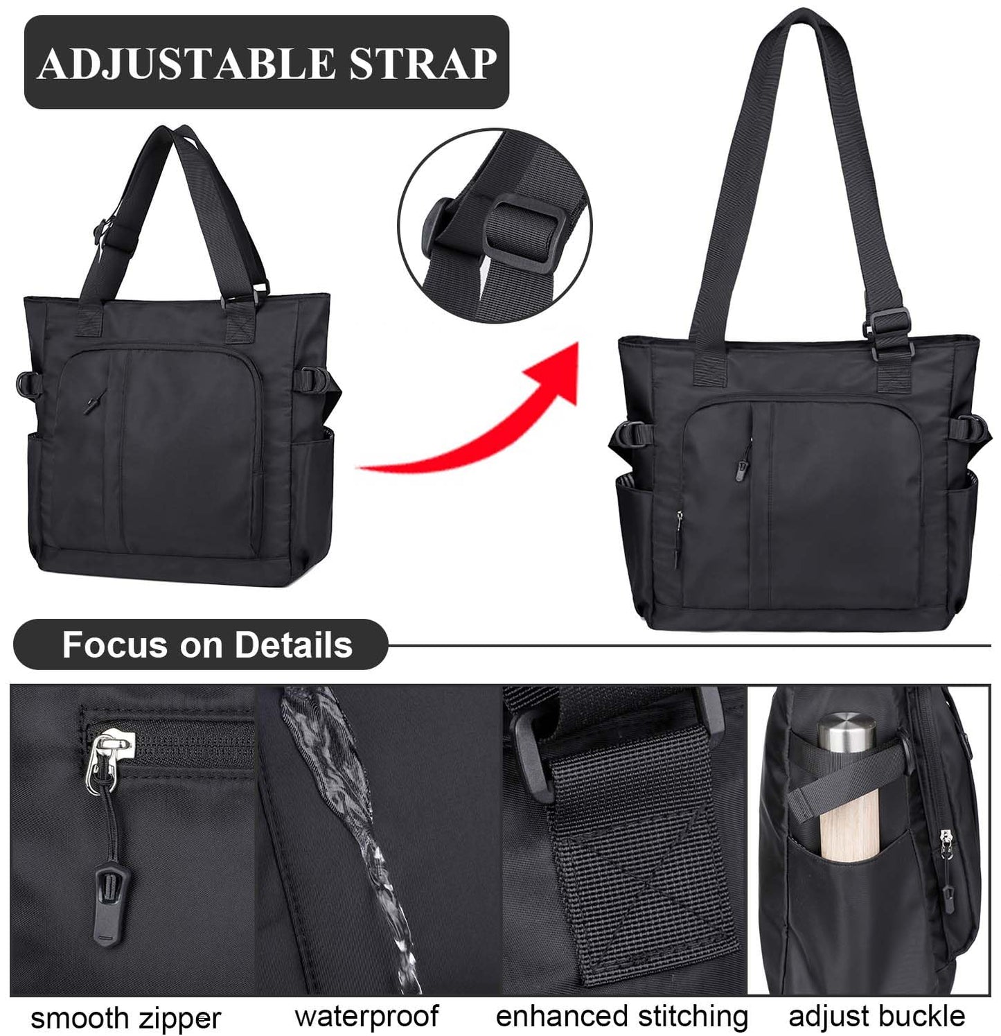 Tiny Chou Tote Bag, Waterproof Nylon Shoulder Bags Laptop Work Bag Multi Pockets Teacher Purses and Handbags for Women Men, 1-Black