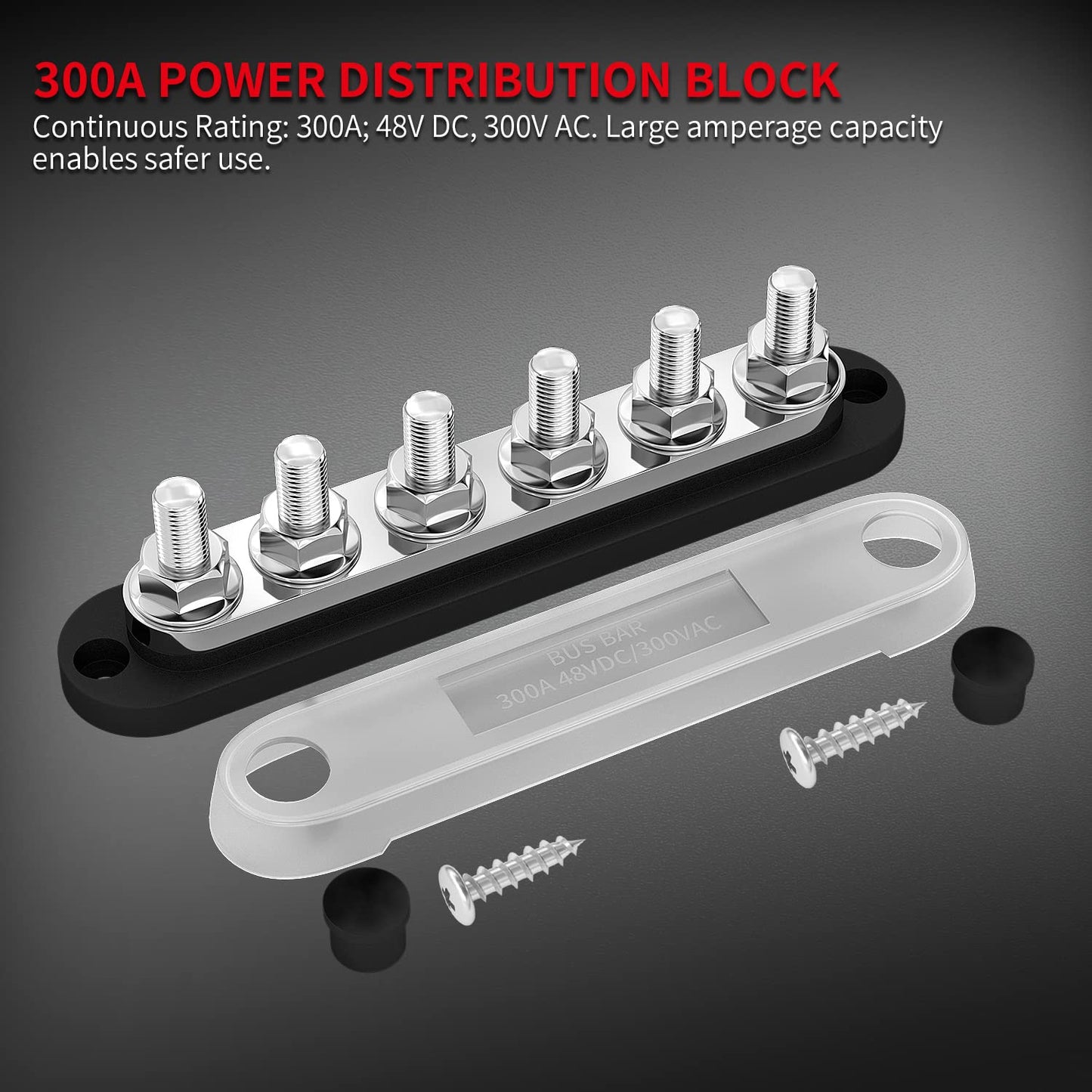 DAIERTEK 300A Bus Bar 12V Marine 12V Power Distribution Block with Cover 6 x 3/8'' (M10) Terminal Studs Max 300V AC 48V DC Positive & Ground Busbar for Automotive Car Boat (BB300-T6M10-C-BR)