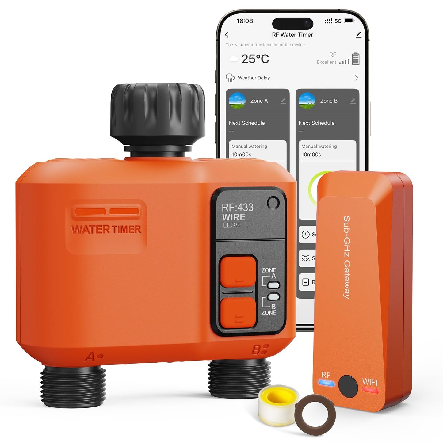 Smart WiFi Water Timer for Garden Hose - 2 Zone Sprinkler Timer with 980ft RF Range, App Controlled Outdoor Irrigation System with Rain Delay/Auto Mode