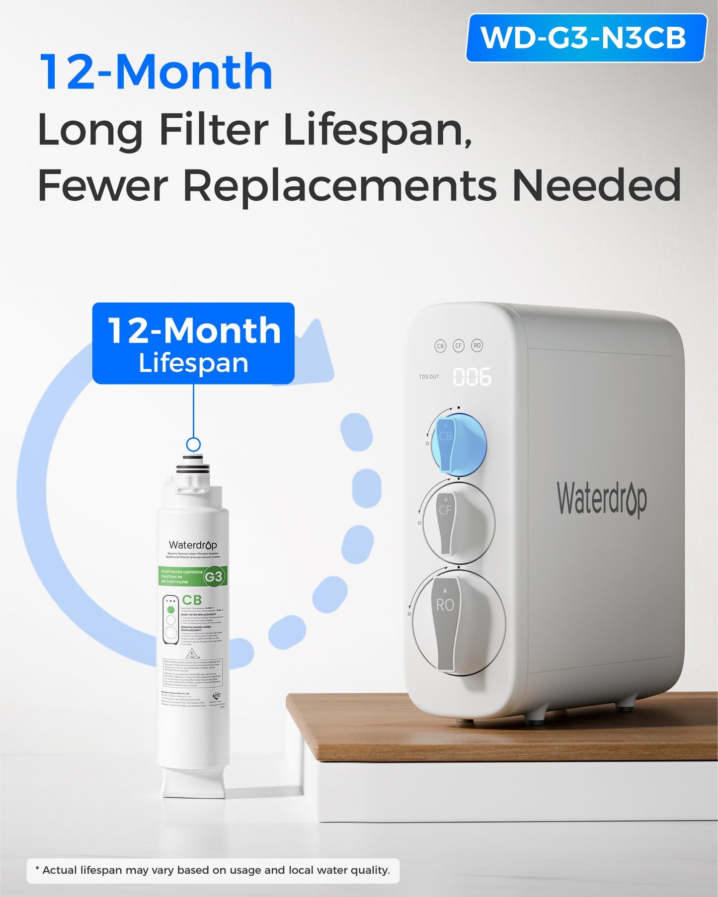 Waterdrop G3-N3CB Filter, Replacement for Waterdrop G3-W & G3P600 & G3P800 Reverse Osmosis System, 12-Month Lifetime