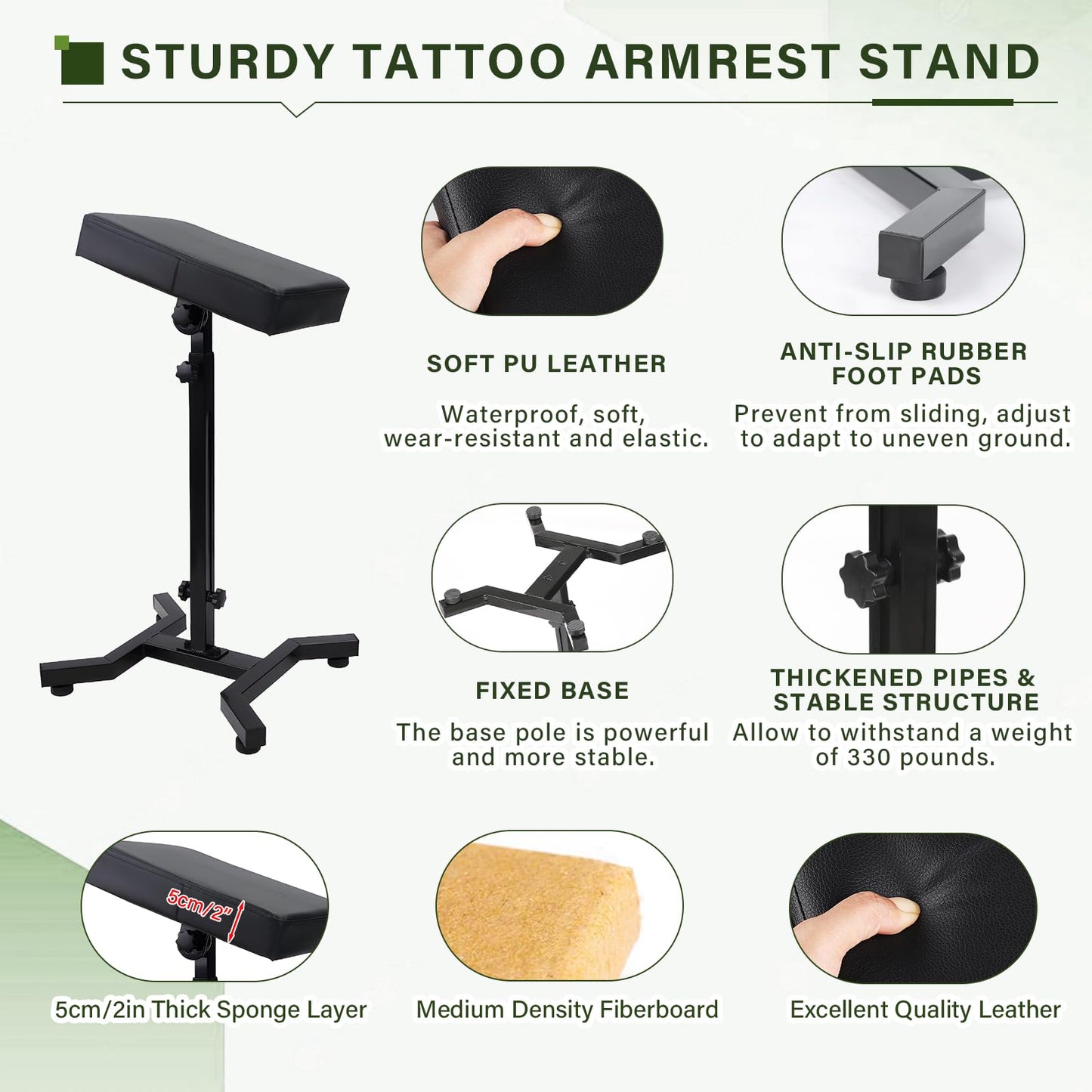 ASDJAKZP Tattoo Arm Rest, Adjustable Height & Angle, Heavy-Duty Iron, Thickened Sponge PU Leather, Black