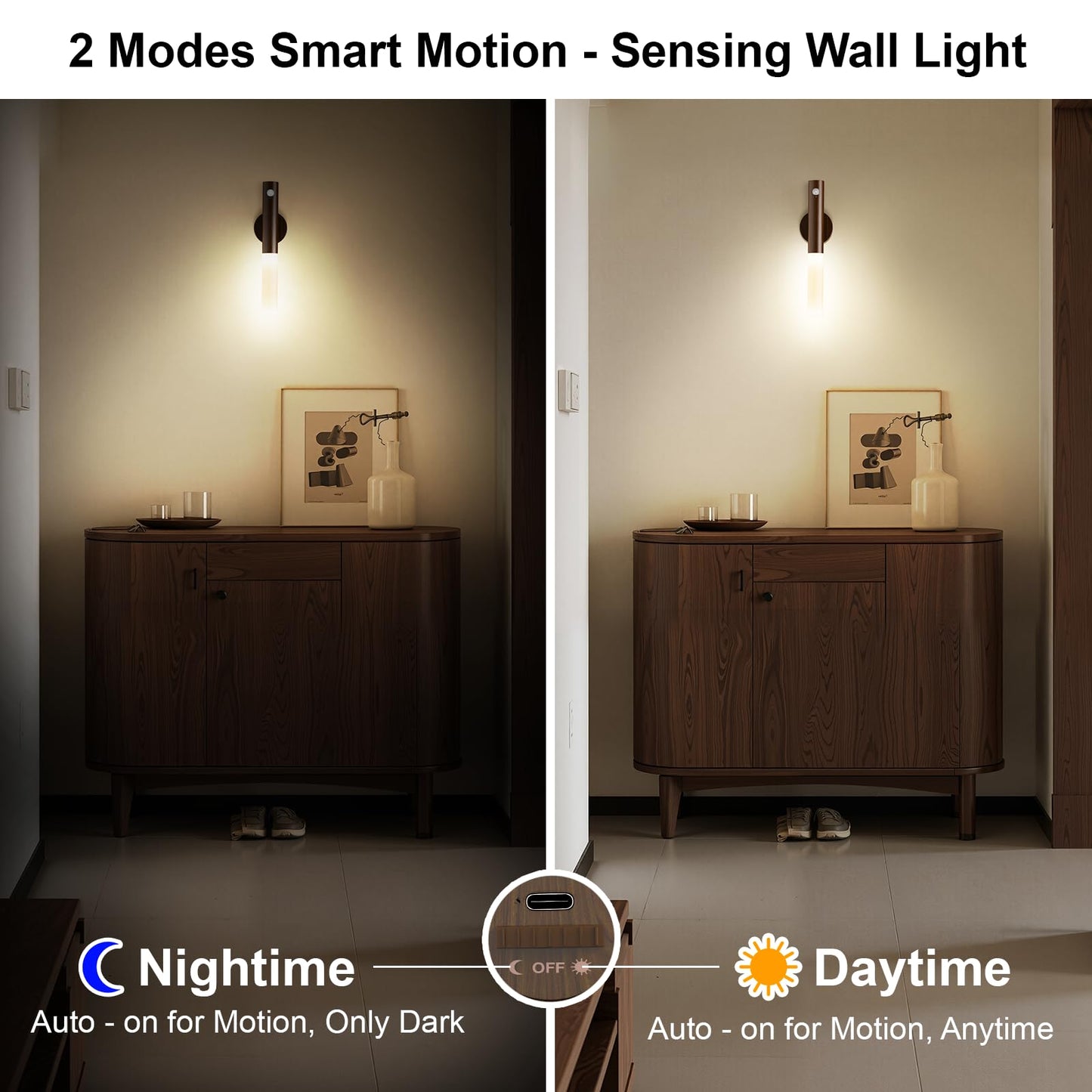 Rechargeable Motion Sensor Light Indoor - 2 Pack Battery Operated Wall Sconces with Magnetic, Wireless Wall Lamp for Bedroom Bedside Stairwell Hallway Porch Picture Lighting