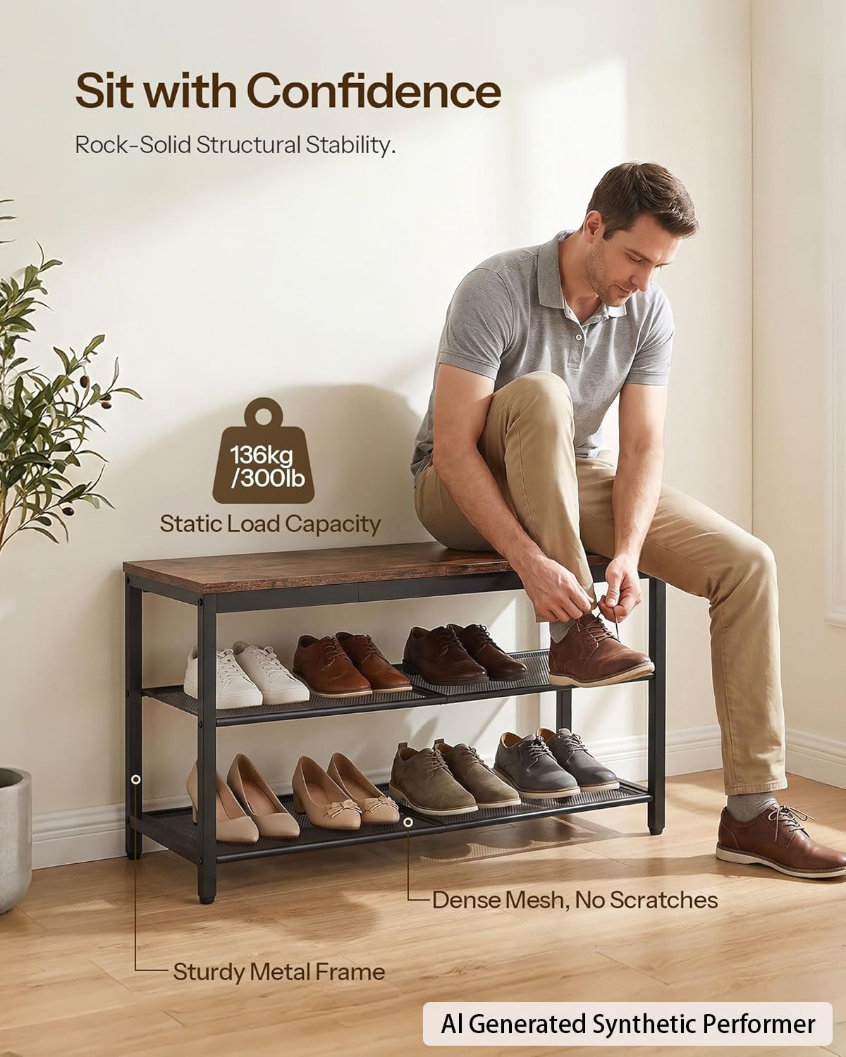 HOOBRO Shoe Bench, 3-Tier Shoe Rack, Industrial Shoe Organizer Storage Bench, 75 cm Entry Bench with Mesh Shelves, for Entryway, Living Room, Hallway, Easy Assembly, Rustic Brown BF75HX01