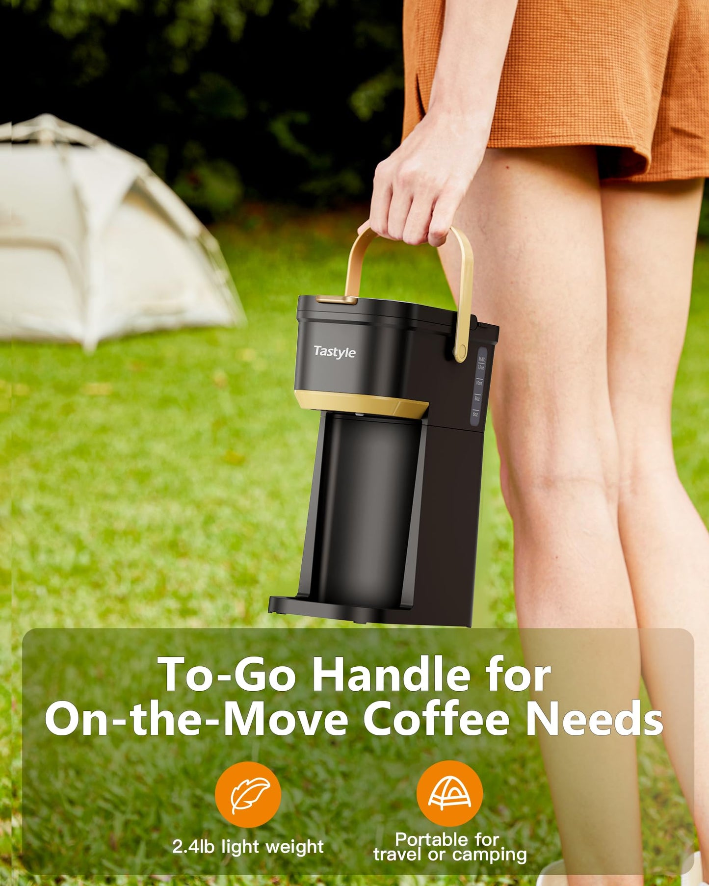 Tastyle Single Serve Mini Coffee Maker, for K Cups and Grounds, with Portable Handle, 6 to 12 Oz Brew Size, for Travel, Camping, Office, RV and Dorm, Black and Gold
