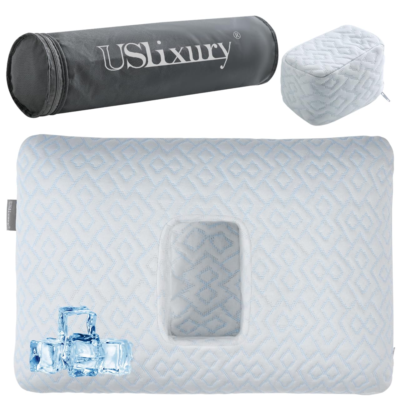 USlixury Ear Piercing Pillow with Foam Plug - Ear Pillow with Off Center and 4.7"X3.2" Hole, Soft CertiPUR-US Memory Foam, Cooling Piercing Pilow for Side Sleepers, Traveling, 16"X11"X4''