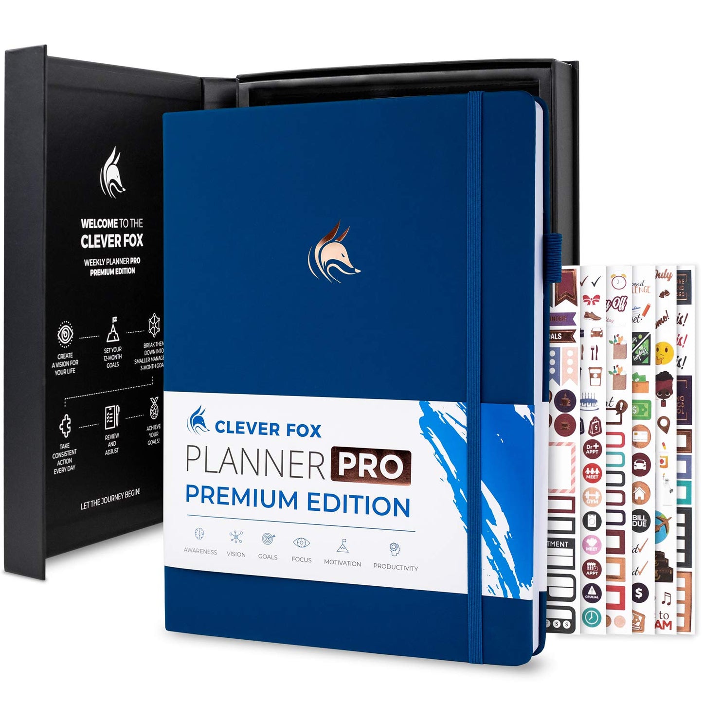 Clever Fox Planner Pro Premium Edition – Luxurious Weekly & Monthly Planner + Budget Planner Organizer for Productivity & Reaching Goals, Undated, A4 Hardcover + Keepsake Box – Navy Blue
