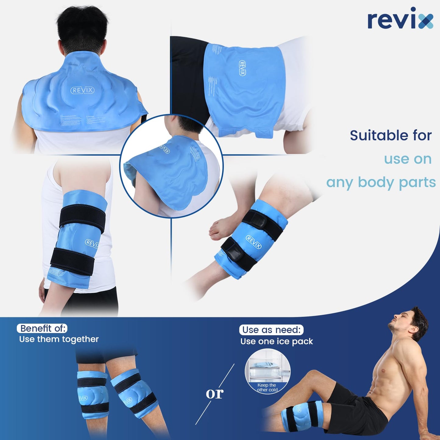 REVIX 20" XXXL Ice Pack for Knee, Back, Shoulder, Reusable Gel Knee ice Packs to Reduce Discomfort, Ice Knee Wrap with Cold Compression for Ease Fatigue and Promote Flexibility, Set of Two