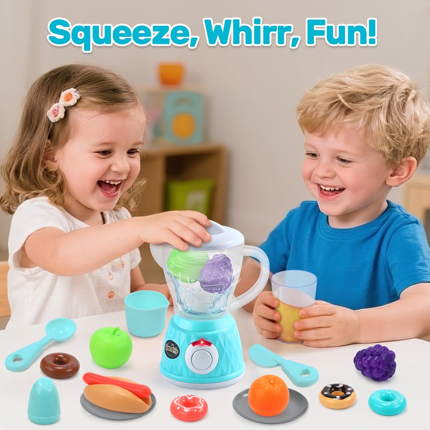 CUTE STONE Kids Play Kitchen Appliances Set, Pretend Kitchen Toys with Coffee Maker, Blender & Toaster, Realistic Sounds and Light, Includes Play Food & Accessories for Toddler Boys & Girls Ages 3+