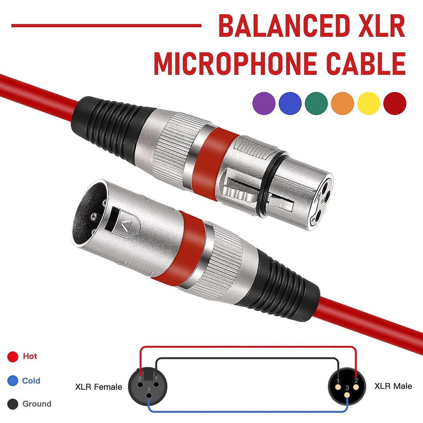6 Pack XLR Cable 6 ft 3 Pins Balanced XLR Microphone Cable Male to Female Suitable for Audio Mixer, Speaker Systems, Radio Station