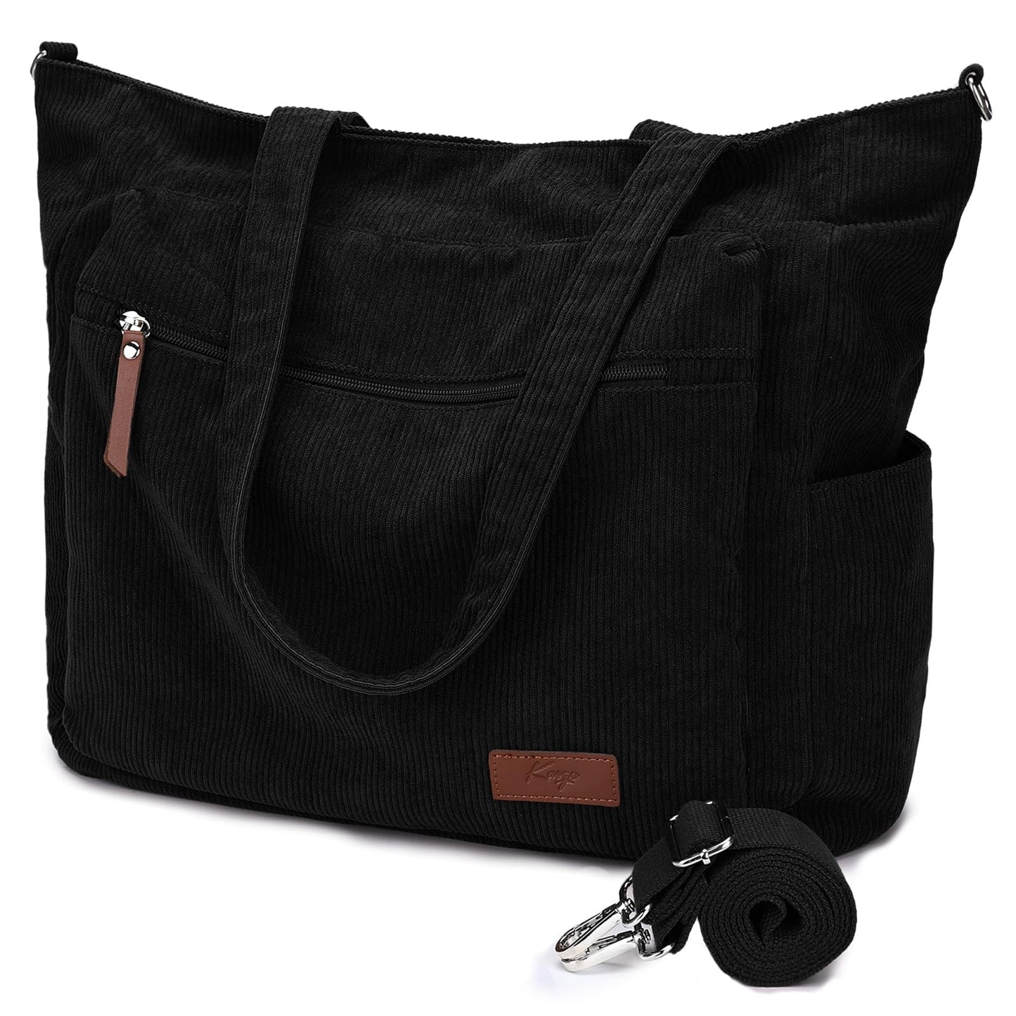 Kasqo Corduroy Tote Bag for Women, Extra Large Zippered Crossbody Shoulder Purse with 15.6" Laptop Compartment for Work Travel School College, Black