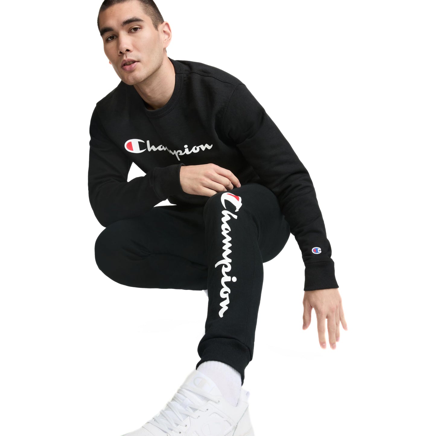 Champion Men's Joggers, Powerblend, Fleece Joggers, Sweatpants for Men (Reg. or Big & Tall), Black - Classic Script Logo, Large