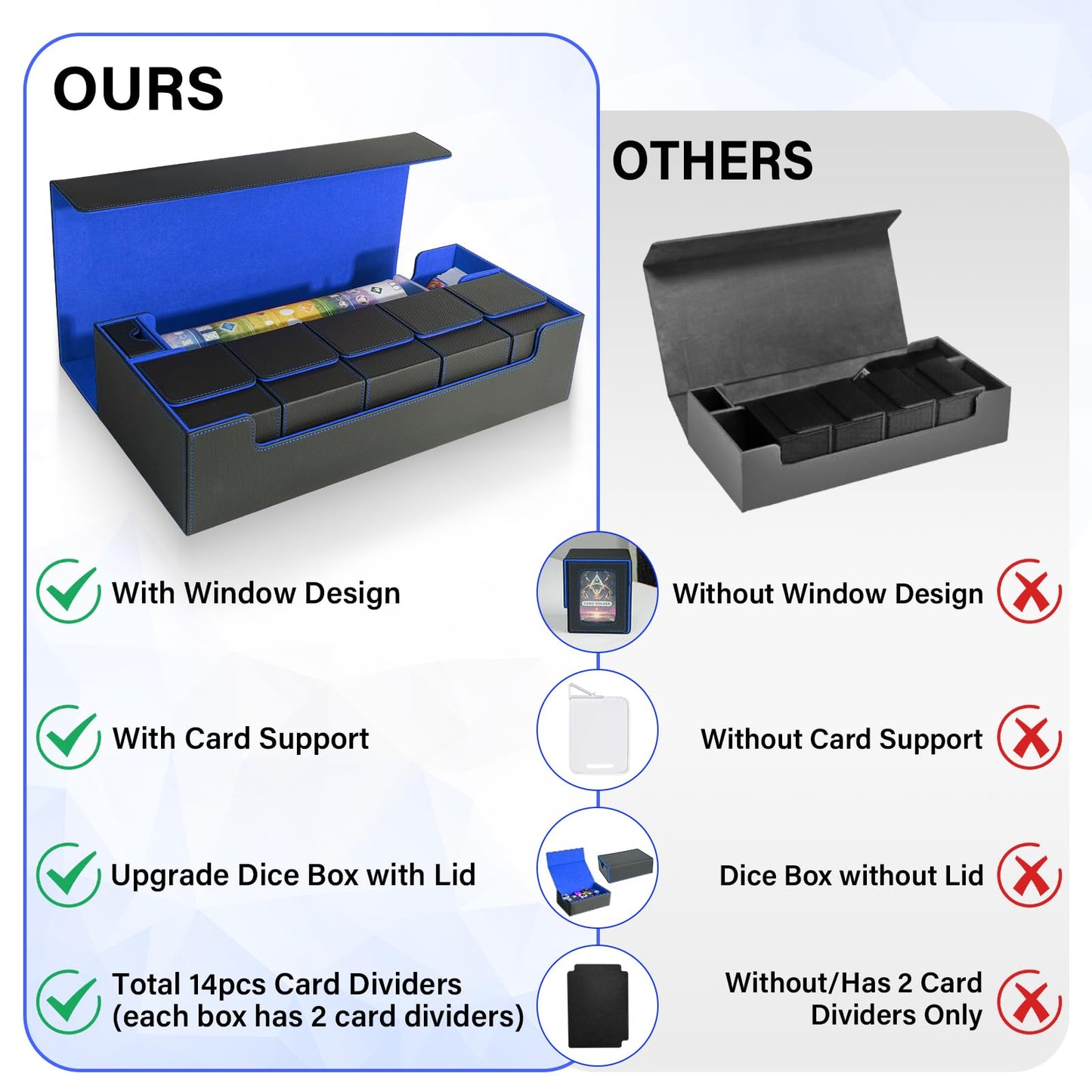 Jaffzora Card Deck Box for MTG Commander, Large 6 in 1 Card Storage Display Case with 5PCS TCG Deck Boxes & Dice Tray, Holds 2400+ Unsleeved Trading Cards (Black&Blue Set)