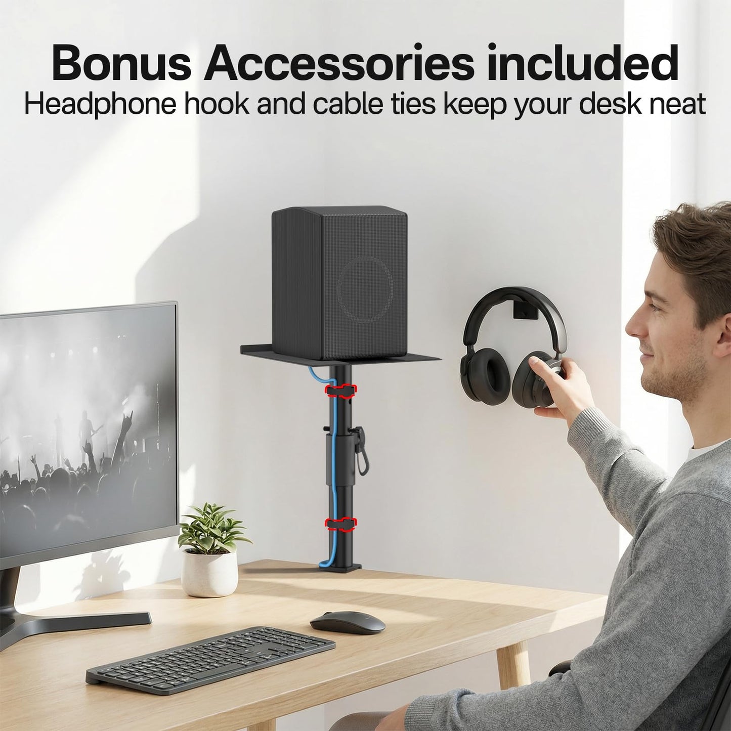 Clamp-on Desk Speaker Stand Pair, Height&Angle Adjustable Desktop Bookshelf Speaker Stands for Samsung Q990D/Q990F, Fit Edifier/KRK/Klipsch/Yamaha Built-in Cable Management WR Headset Hook& Cable Ties