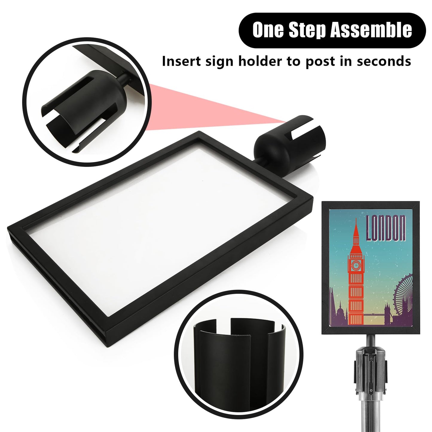 SHUESS 2 Pack Black Stanchion Sign Holder Frame, Double Sided Sign Frame with Cover for 8.5 x 11 Inches Paper Size, Stanchion Top Sign Frames for Crowd Control Sentry Stanchions