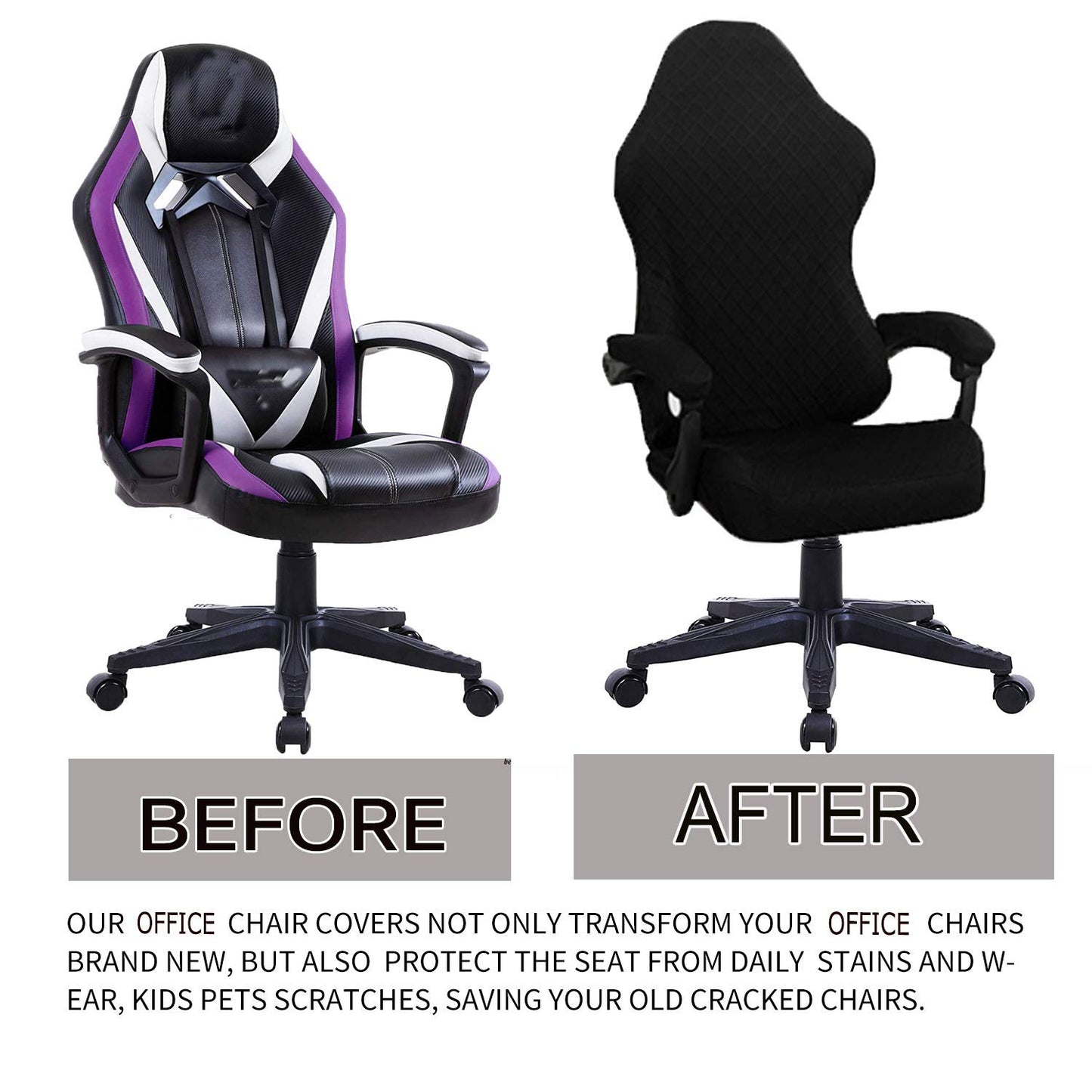 Deisy Dee NO Chair Covers, Stretchy Polyester Covers for Reclining Racing Gaming Chair (Black)