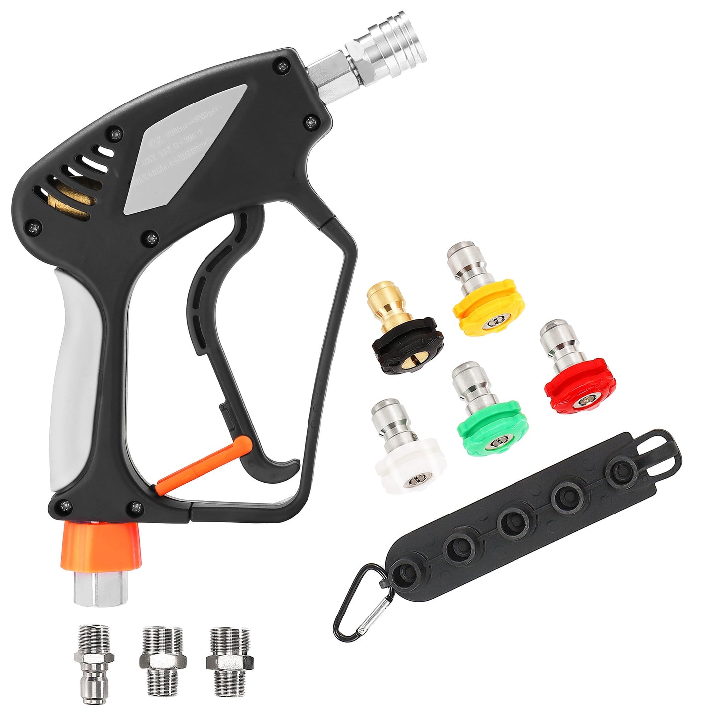 PWACCS Pressure Washer Gun with Swivel, Short Power Washer Gun with 3/8” Quick Connector, M22 14mm /15mm Fitting, 5 Pressure Washer Nozzle Tips with Holder, 5000 PSI