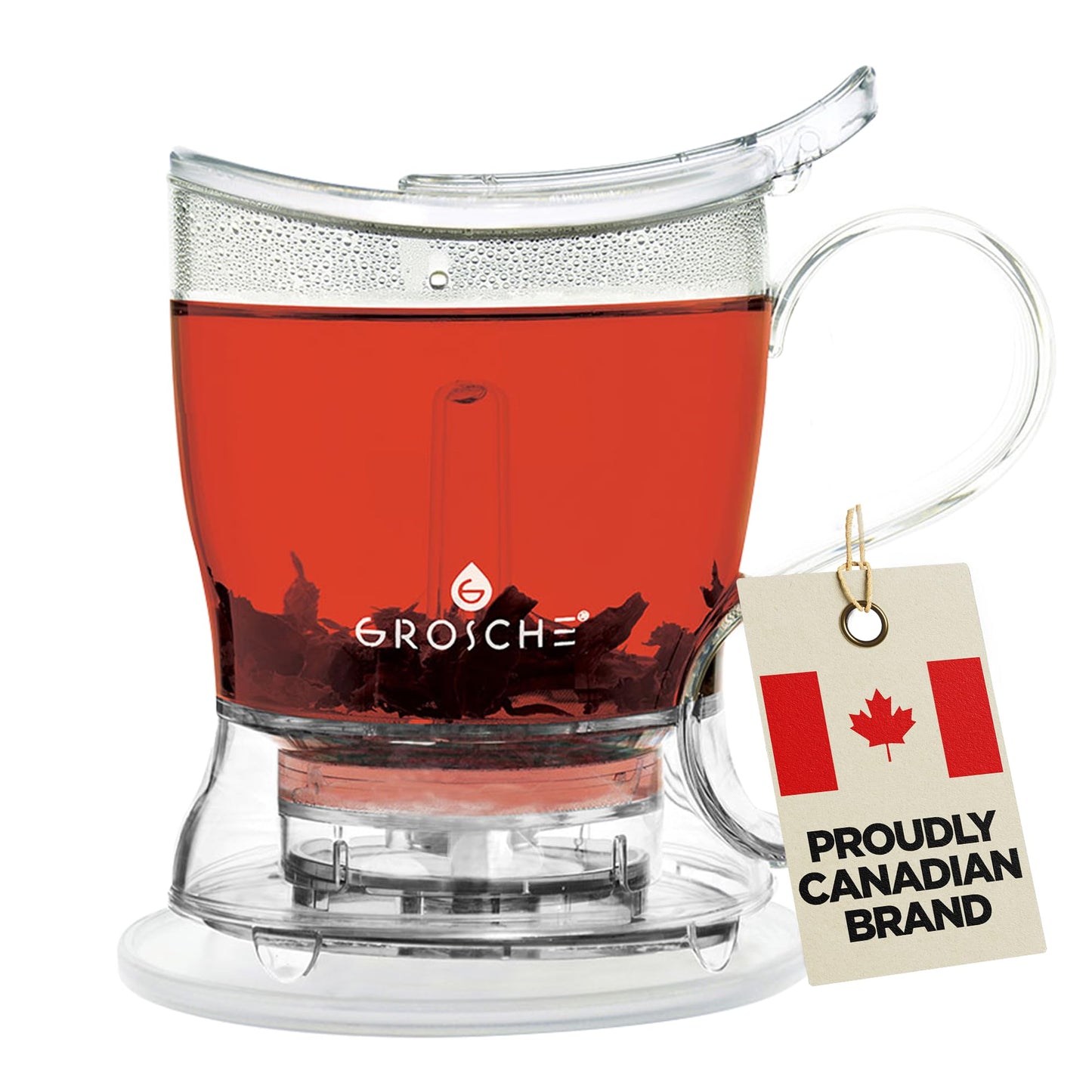 GROSCHE Aberdeen Tea Steeper with Coaster, Loose Leaf Tea Maker Strainer, Teapot, Tea Infuser, Pour Clean Steeper, Food Safe Tritan, BPA PFAS Free. Canadian Brand! 34 fl. oz 1000mL Capacity, Clear