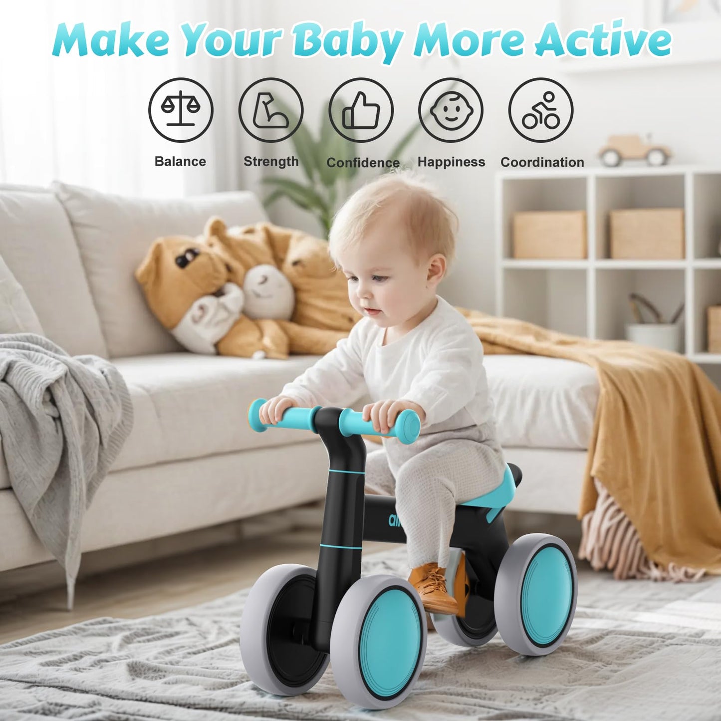 allobebe Baby Balance Bike, Toddler Bike for 12-36 Months Boys Girls, 4 Silence Wheels & Soft Seat, Ride on Toys for Toddlers 1-3, 1 Year Old Boy Birthday Gift