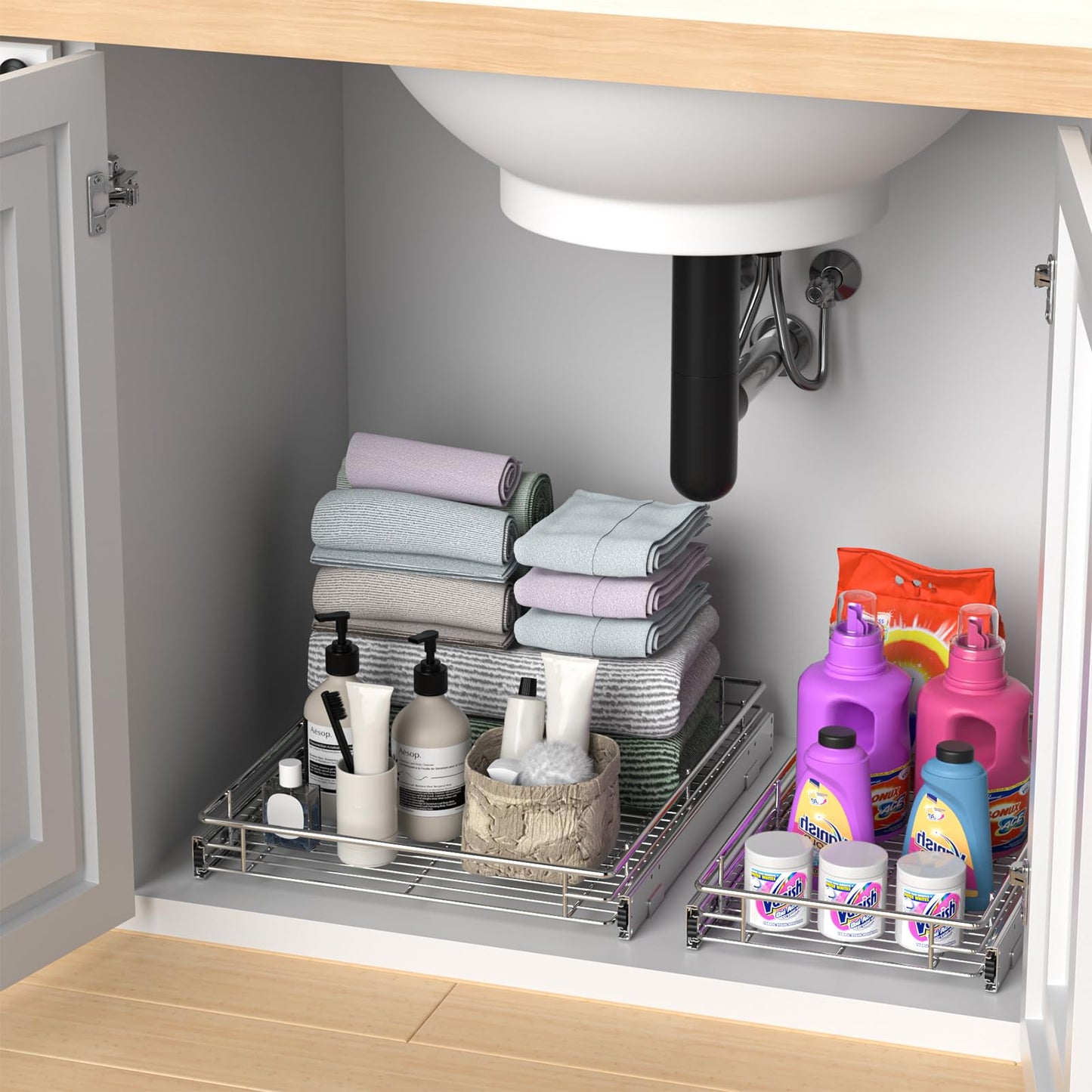 Pull Out Cabinet Organizer, Versatile Slide Out Kitchen Organizers and Storage, Heavy Duty Drawer Cupboard Storage Basket, Smooth Sliding, Chrome Finish (Outside Dimensions: 11.8”W x 21”D)