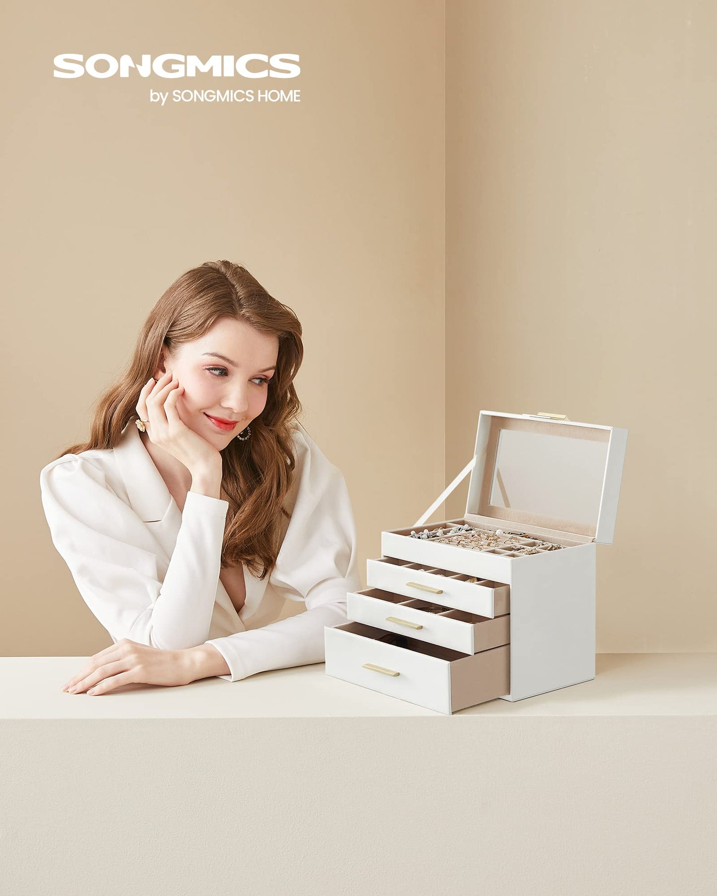 SONGMICS GISELLA Collection - Jewelry Box Organizer, 4-Layer Jewelry Storage with 3 Drawers, Shiny Metal Hardware, Glass Lid, Modern, 15.3 x 25.1 x 21.5 cm, Cloud White and Gold Color UJBC161W01