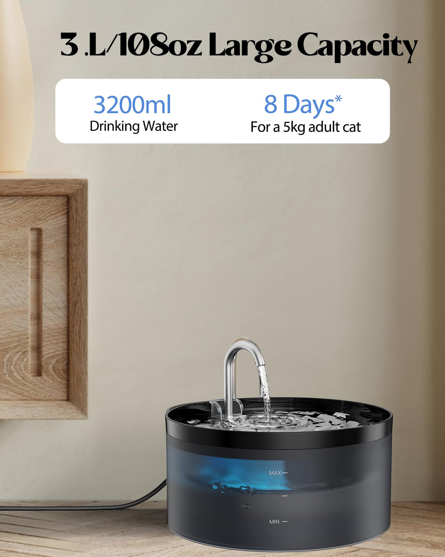 GIOTOHUN Cat Water Fountain: 3.2L Black Cat Drinking Fountain - Silent, Triple Filtration, LED Light, 6 Filters + 3 Sponges