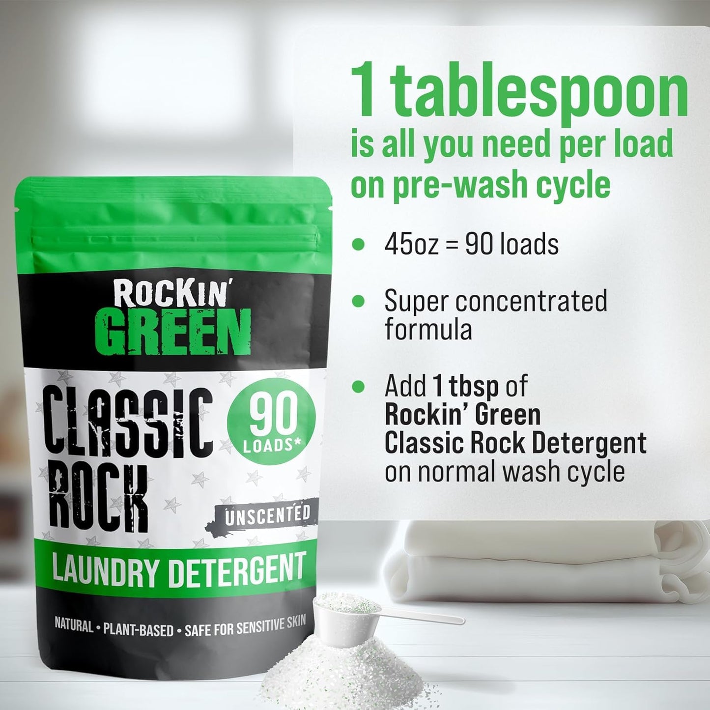 Rockin’ Green Classic Rock Laundry Detergent - Unscented Laundry Detergent Powder and Odor Eliminator for Soft Water - Everyday Clothes, Towels, Linens - Safe for Sensitive Skin - 90 Loads