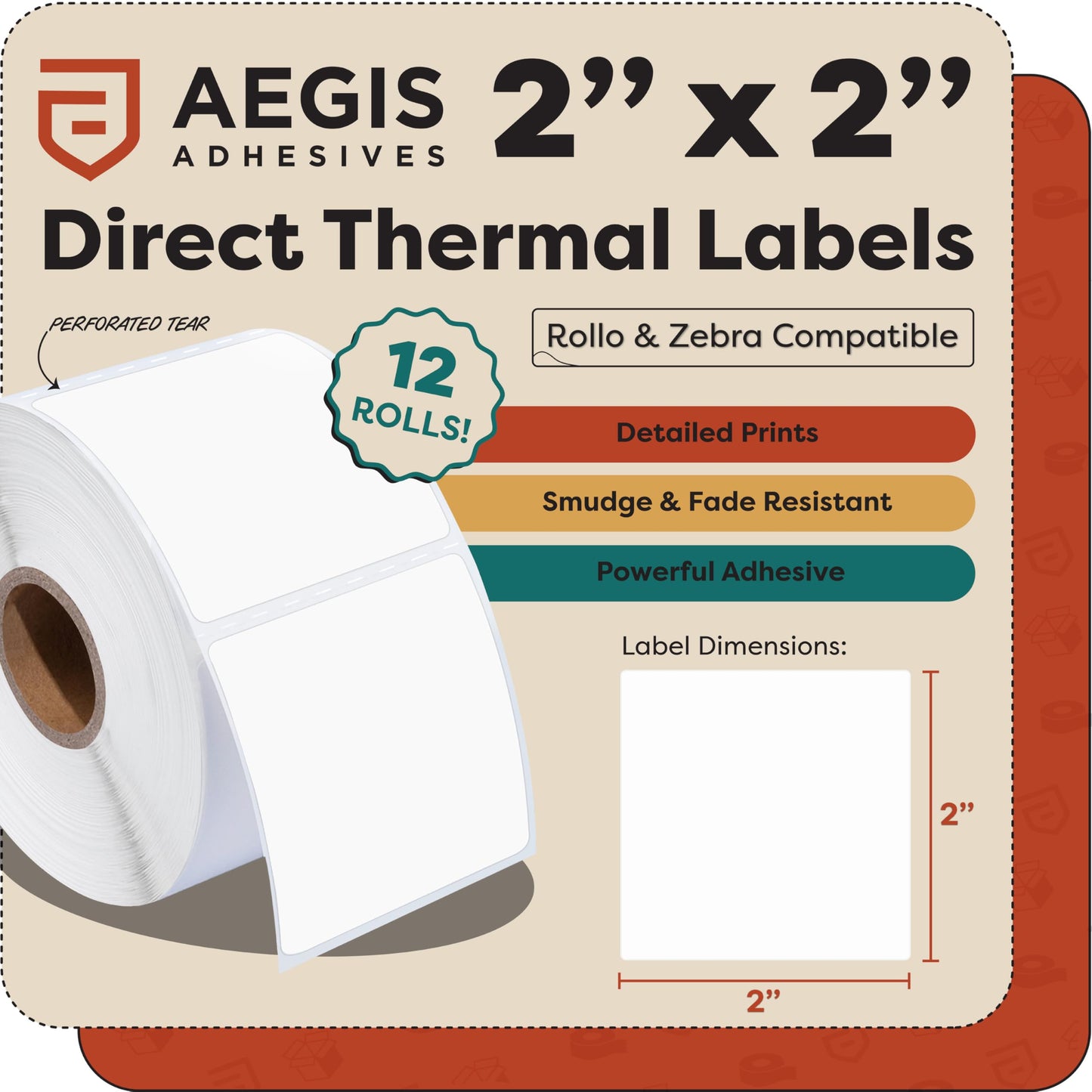 Aegis Adhesives - 2" X 2" Square Direct Thermal Labels (12 Rolls, 700 Labels/Roll) Multipurpose for QR Codes, Barcodes - Perforated, Compatible with Rollo, Zebra, and Other Desktop Label Printers