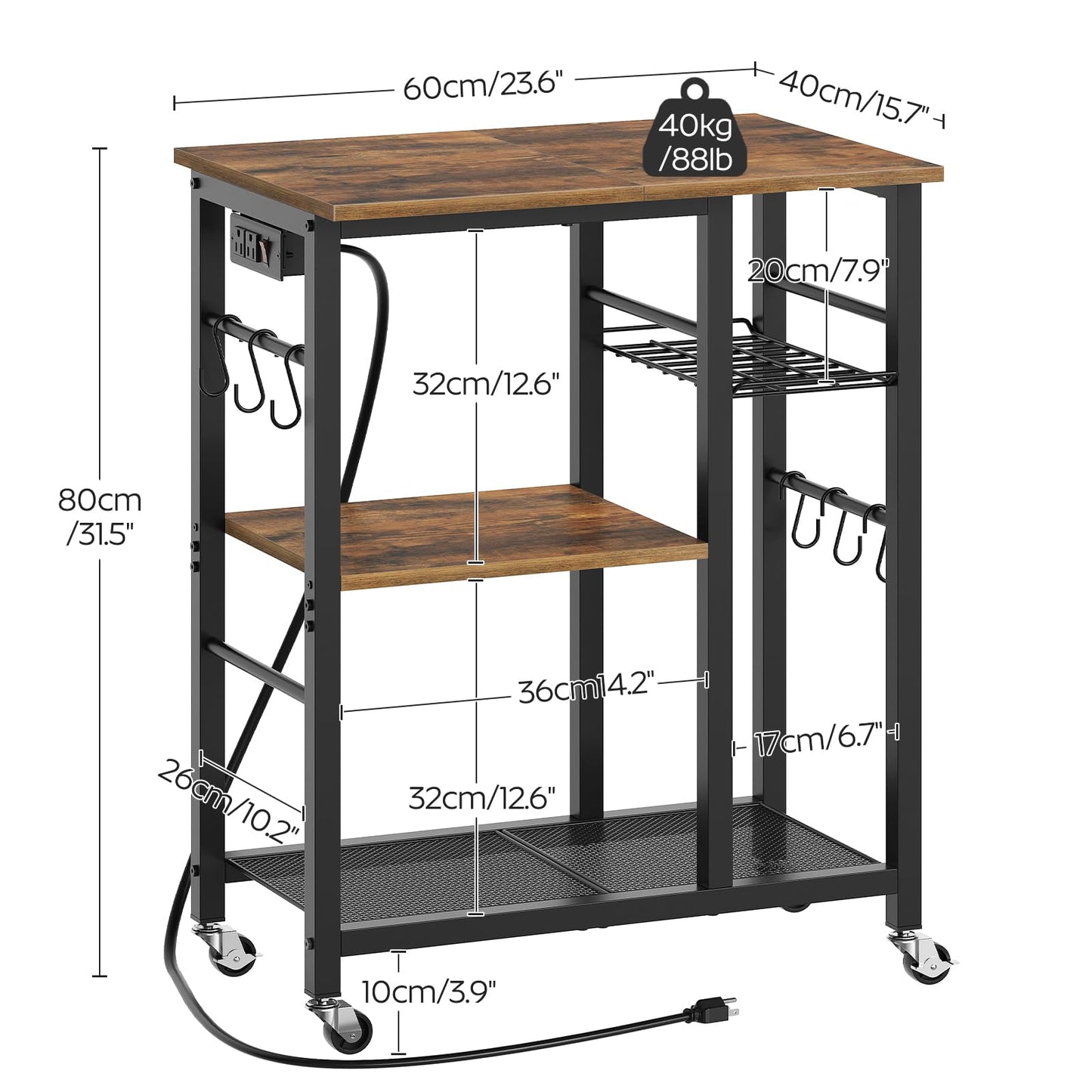 YATINEY Movable Bakers Rack, Microwave Stand with Charging Station, Kitchen Storage Rack with Hooks and Basket, Casters and Adjustable Feet, for Small Space, Kitchen, Dining Room, Rustic Brown HB04UBR