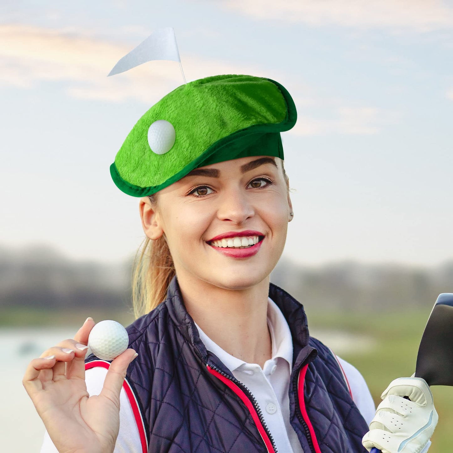 Berlune 4 Set Funny Golf Hat Golf Party Costume Accessories Novelty Golfer Beret Hat with Golf Ball Flag Golf Party Supplies