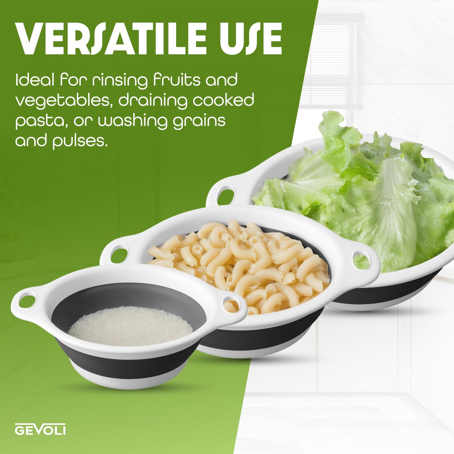 Gevoli (Set of 3 Sizes) Collapsible Colanders with Self-draining Base for Edge of Sink - Plastic Food Strainer (White)