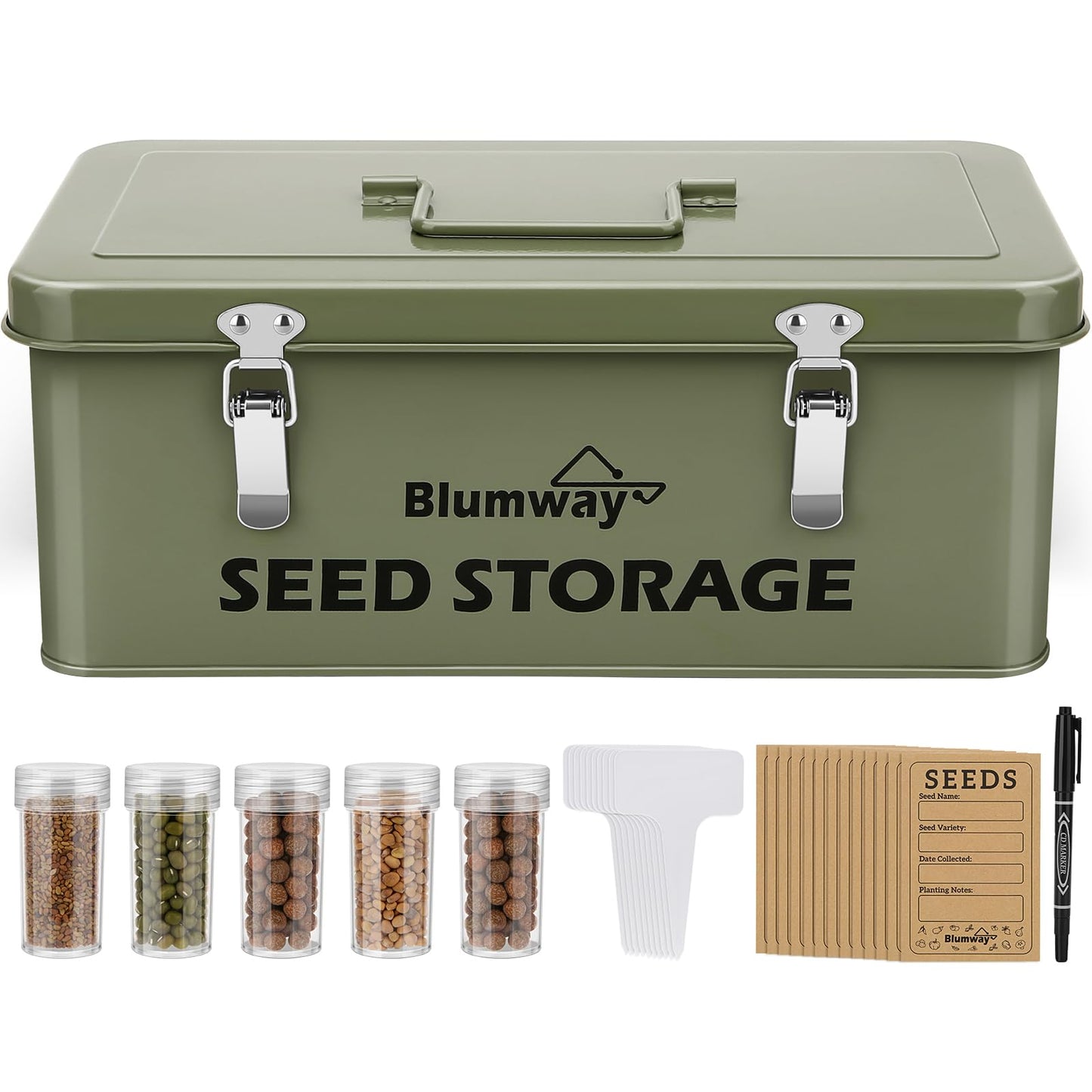 BlumWay Seed Storage Organizer, Metal Seed Saving Box with Lid, Seed Storage Container with Safety Locks, 4 Compartments Seed Packet Organizer, Garden Seed Bin for Plants Flower- Green