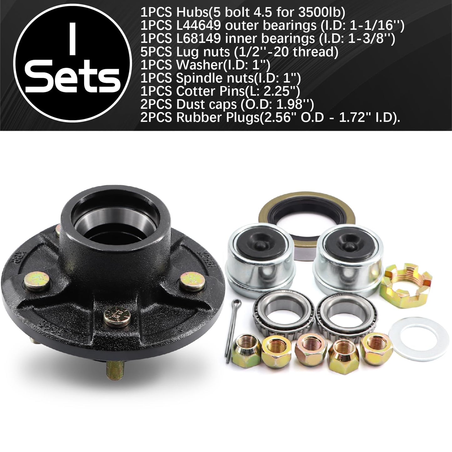 Ruikarhop 5 Lug Trailer Wheel Hub Kit,3500 LB-5 X 4.5 Trailer Axle Kit with(L68149 and L44649 Cone Bearings),Fits 1-1/16'' to 1-3/8" Trailer Axles 3500lb #84 Spindle for Rvs
