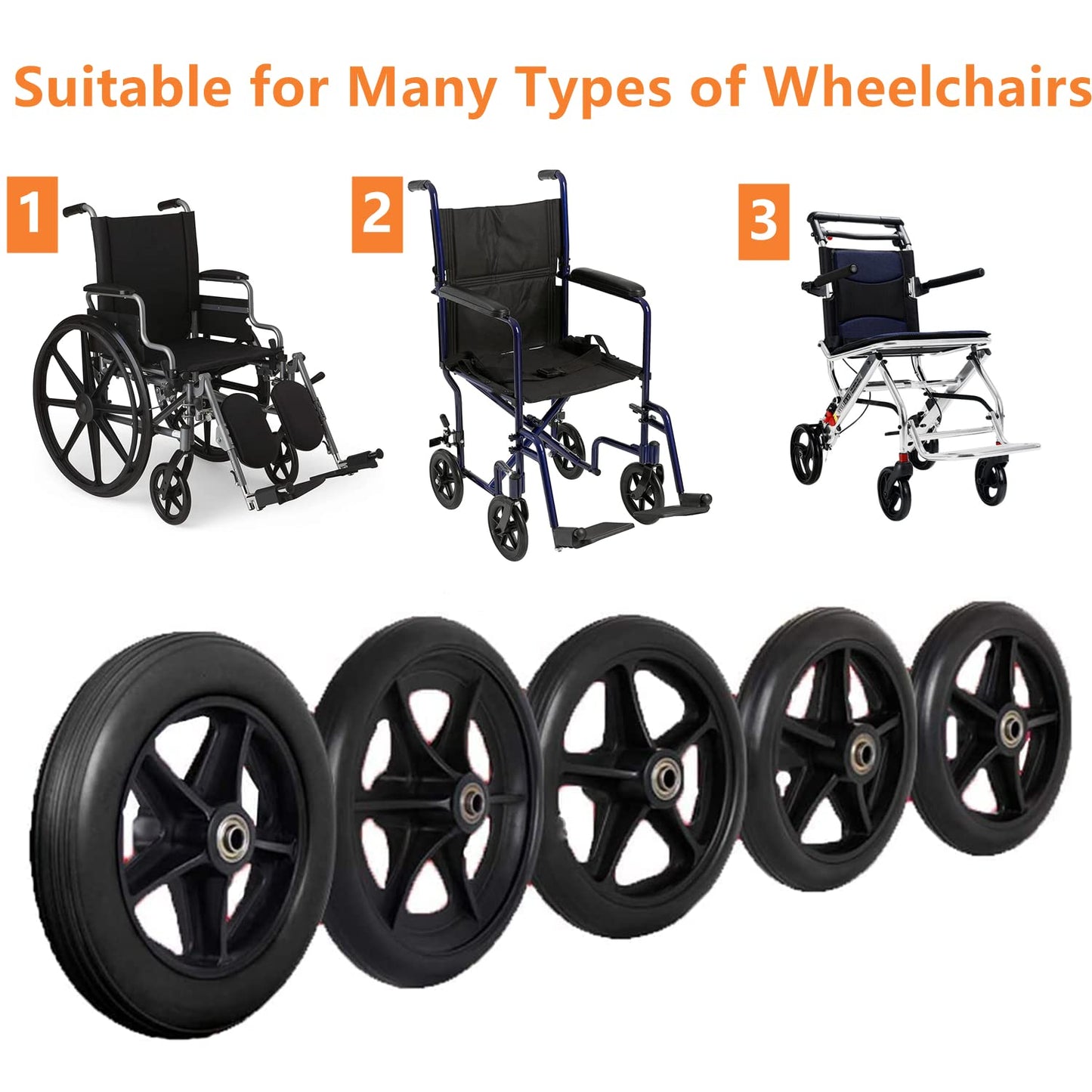 8 Inch by 1 Inch, Wheel Replacement for Wheelchairs, Black (2)