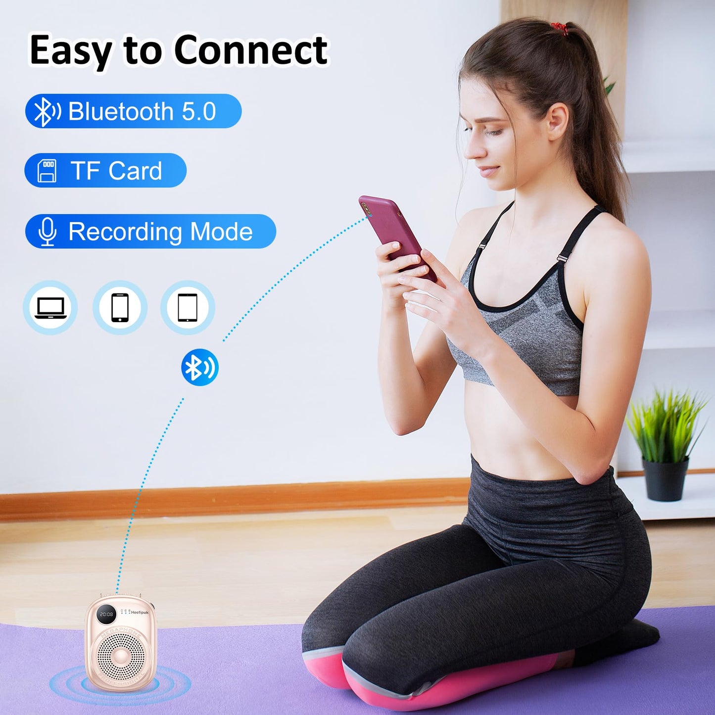 Portable Voice Amplifier Wired Microphone and Speaker,PA System Voice Amplifier with Mic Headset for Teachers,Speech,Tour Guides,Coaches,Yoga, Fitness Instructors Bluetooth 5.0 TF Card-Pink
