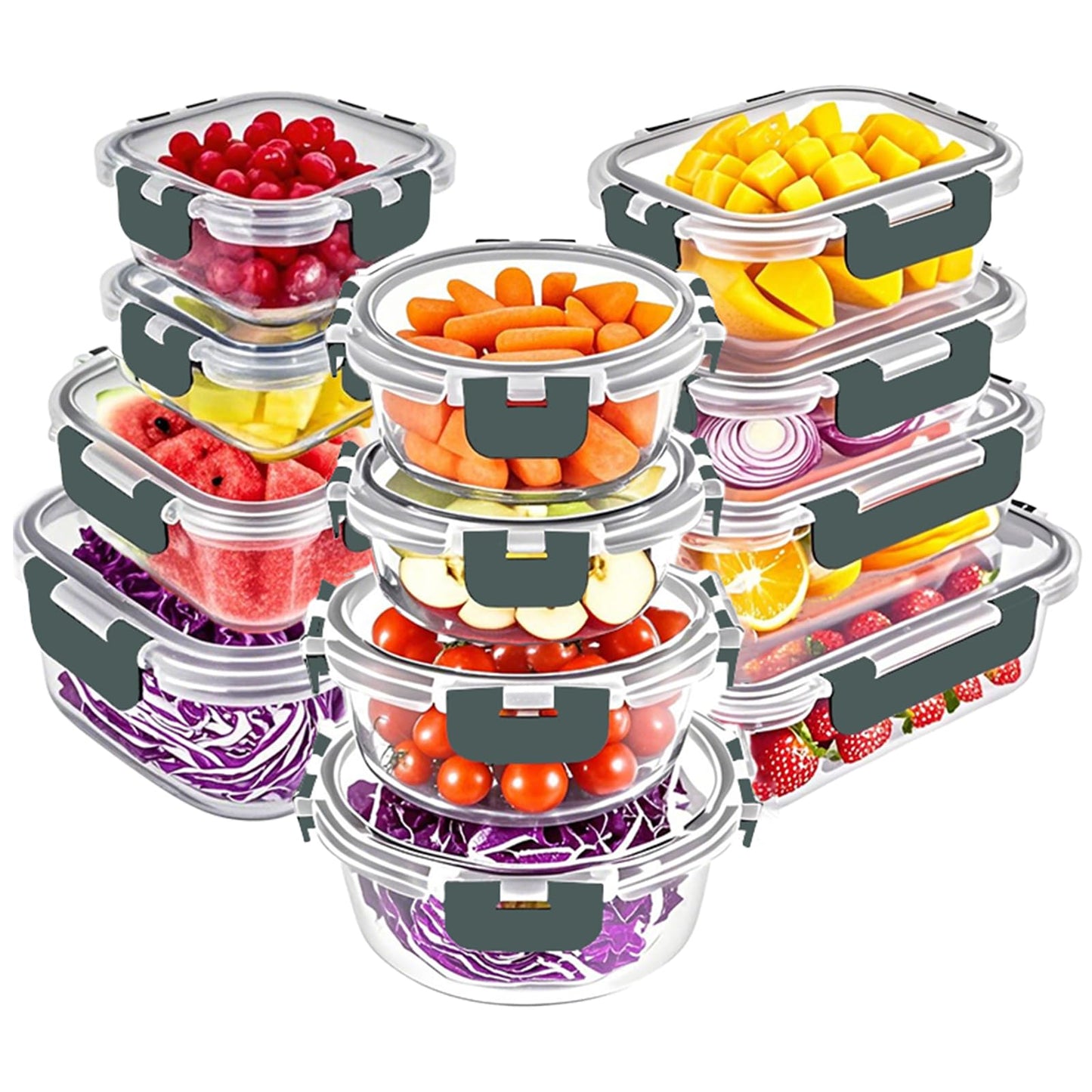 VERONES 12 Packs Glass Food Storage Containers Set, Airtight Glass Lunch Containers, Glass Meal Prep Containers with Lids,Exclusive of BPA, for Microwave, Oven, Freezer & Dishwasher Friendly,Grey
