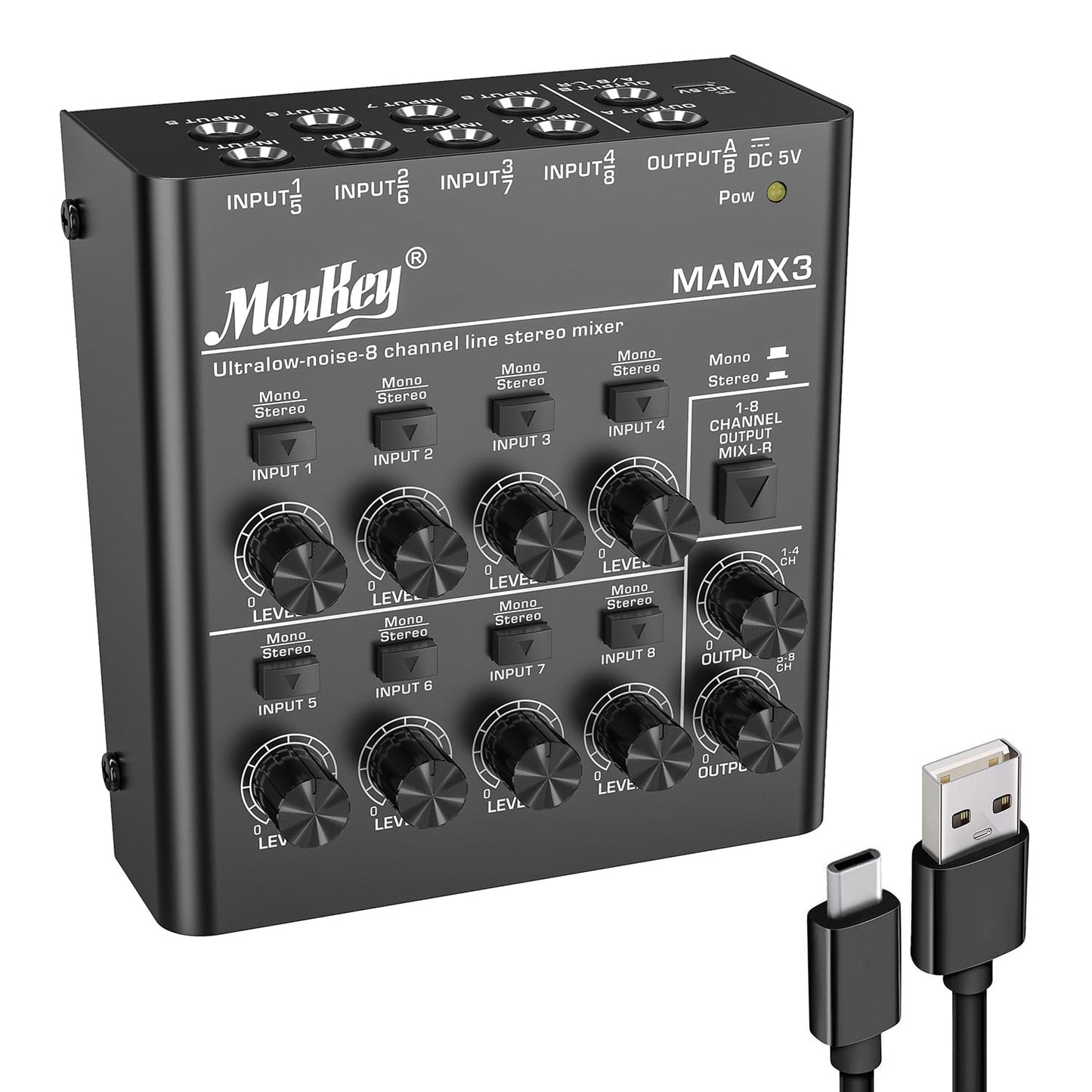 Moukey Mini Audio Mixer Line Mixer,DC 5V, 8-Stereo Ultra/Low-Noise 8-Channel for Sub-Mixing, Ideal for Small Clubs or Bars. As Microphones, Guitars, Bass, Keyboards Mixer, 2021 New Version-MAMX3