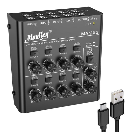 Moukey Mini Audio Mixer Line Mixer,DC 5V, 8-Stereo Ultra/Low-Noise 8-Channel for Sub-Mixing, Ideal for Small Clubs or Bars. As Microphones, Guitars, Bass, Keyboards Mixer, 2021 New Version-MAMX3