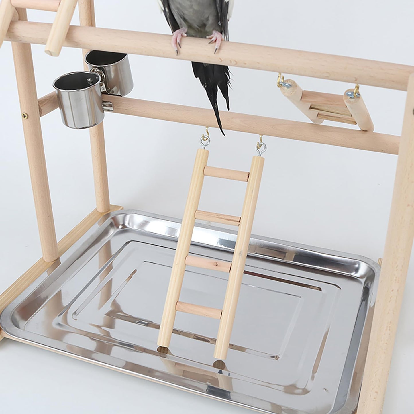 RoseFlower Wooden Bird Playground, Parrot Playstand with Perches, Ladder, Swing, Feeder Cups, Tray for Conure, Parakeets, Budgie, Cockatiels, Lovebirds
